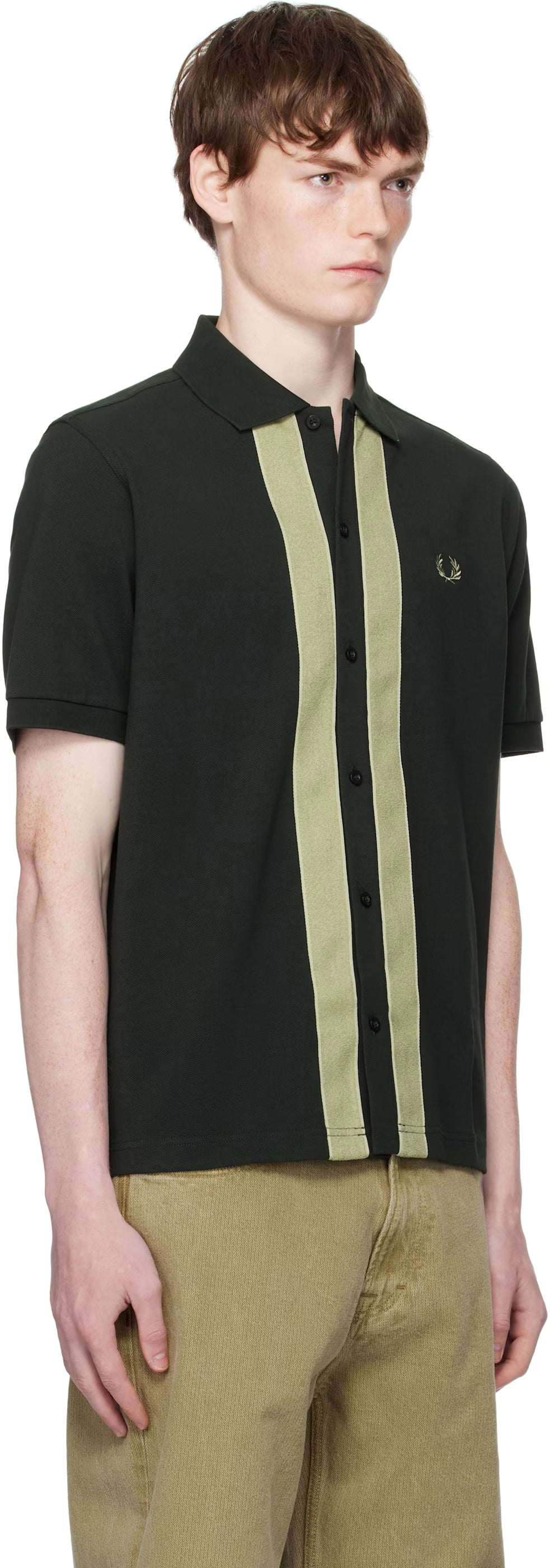 Green Chenille Tape Button Through Polo Shirt