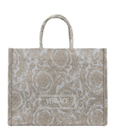 Patterned Fabric Handbag with Leather Trim