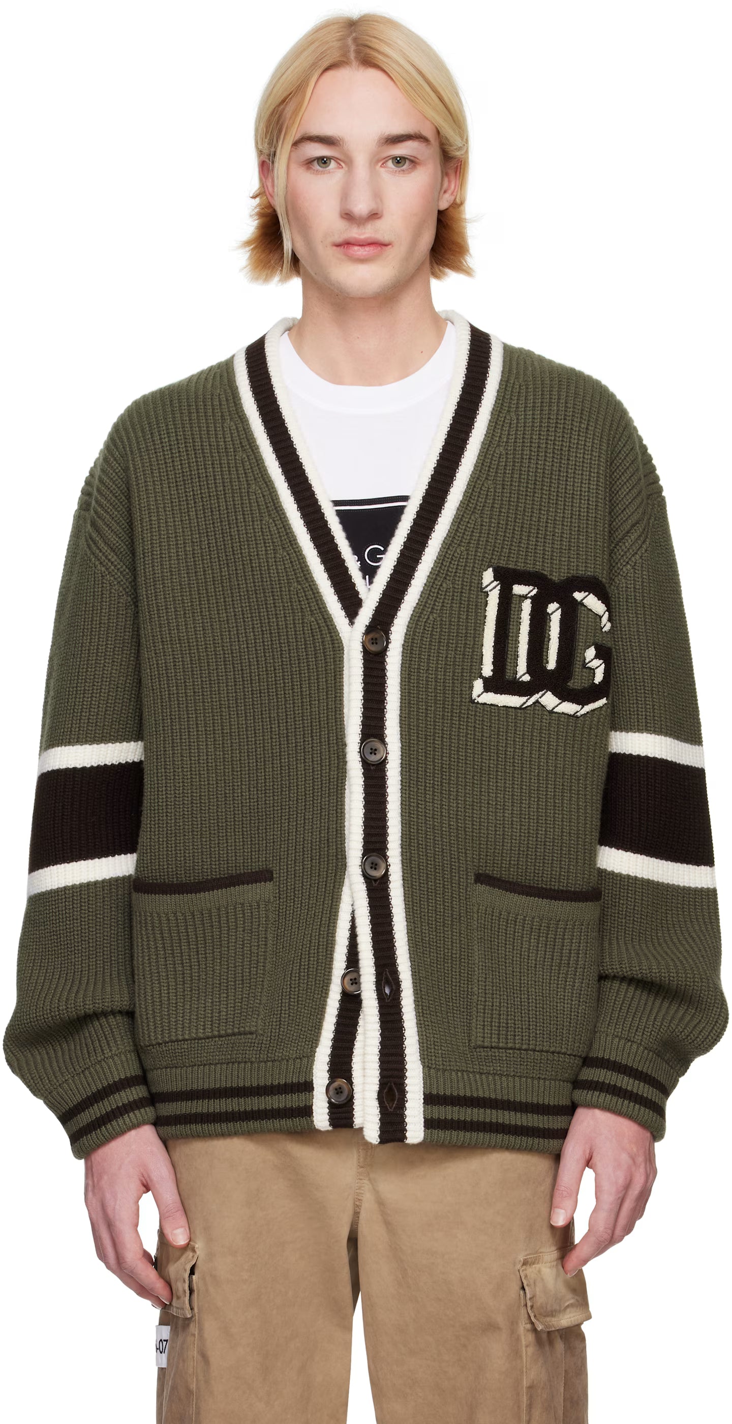 Dolce&Gabbana Khaki Wool Fisherman's Rib-Knit Cardigan