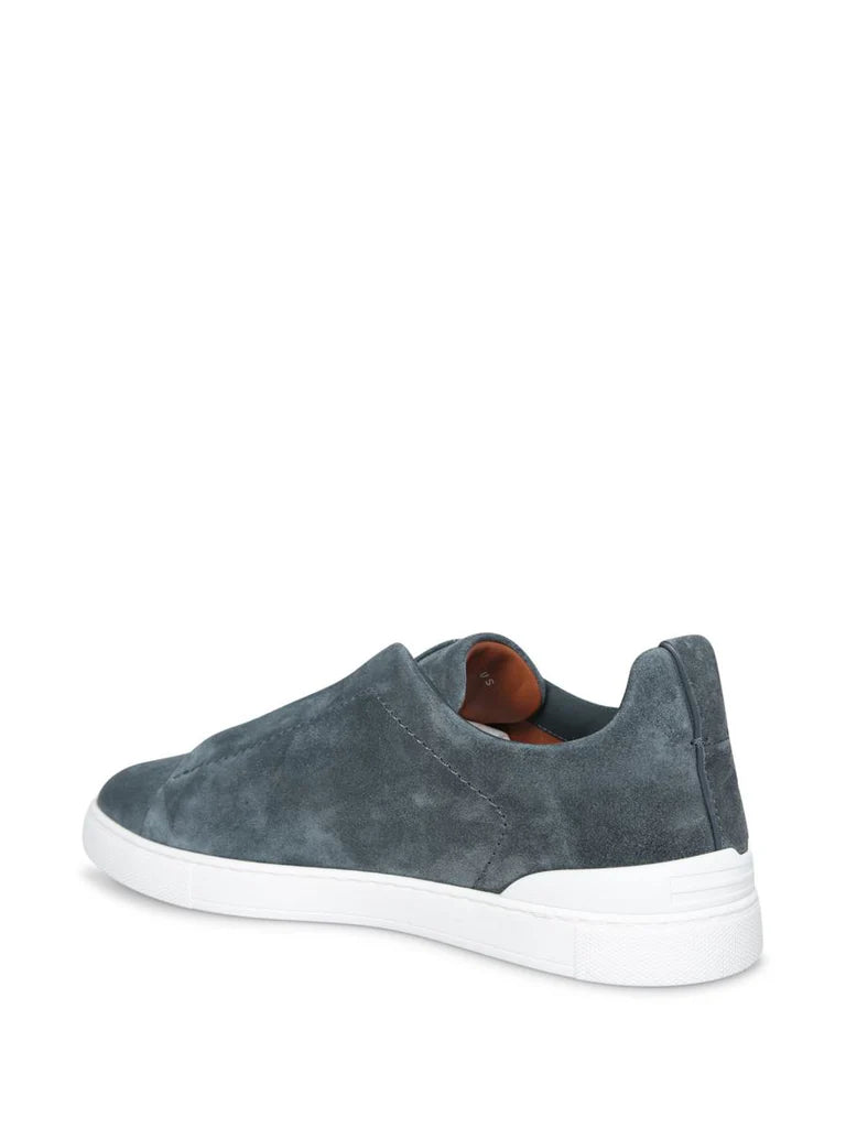 Zegna Men’s Teal Blue Suede Slip-On Sneakers – Triple Stitch Closure & White Rubber Sole