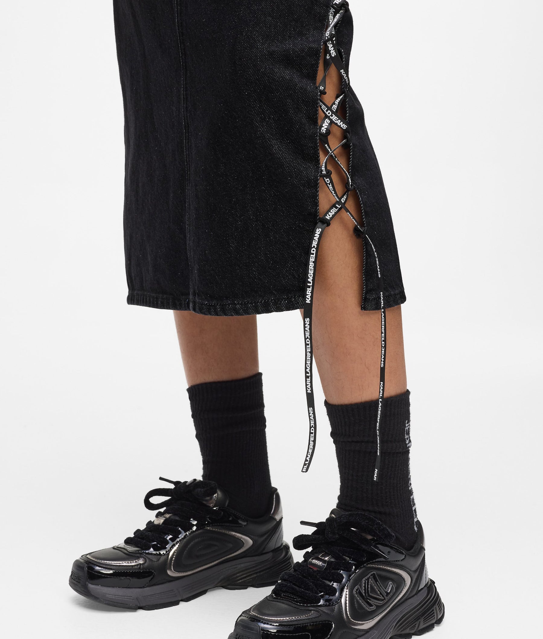 Lace-up midi denim skirt