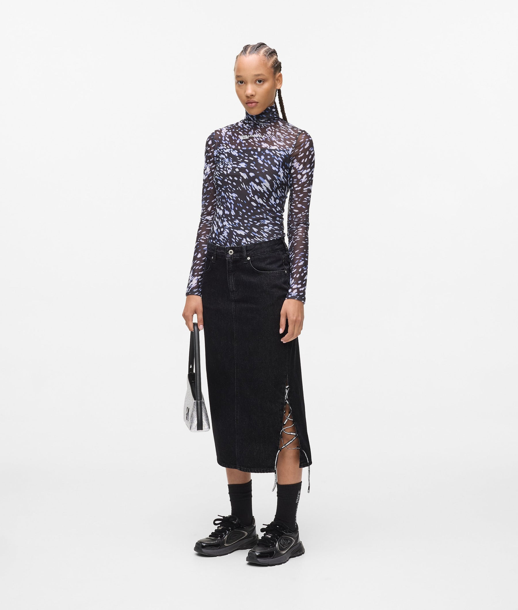 Lace-up midi denim skirt