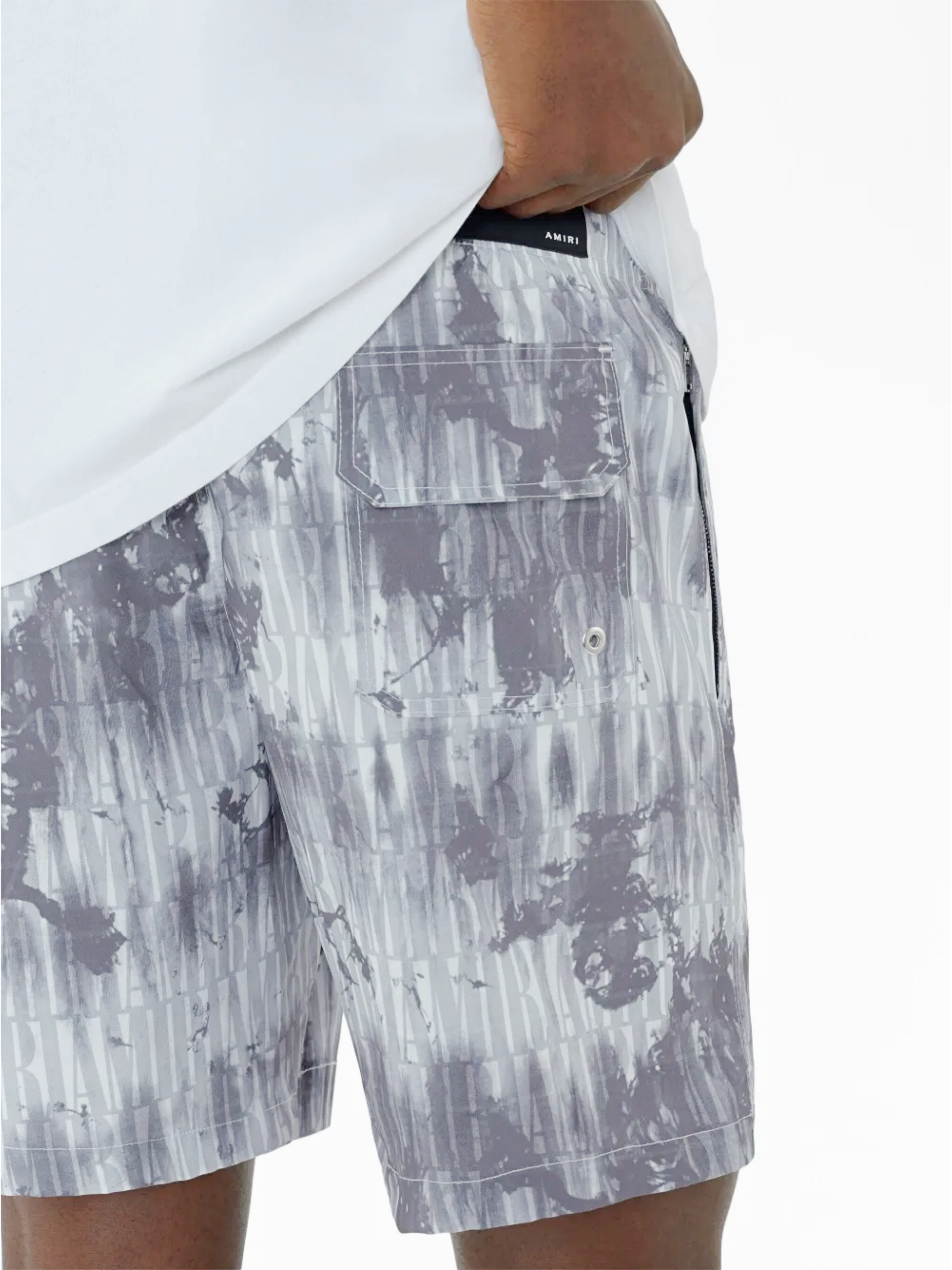 AMIRI TIE DYE ALL OVER LOGO SWIM SHORTS GREY