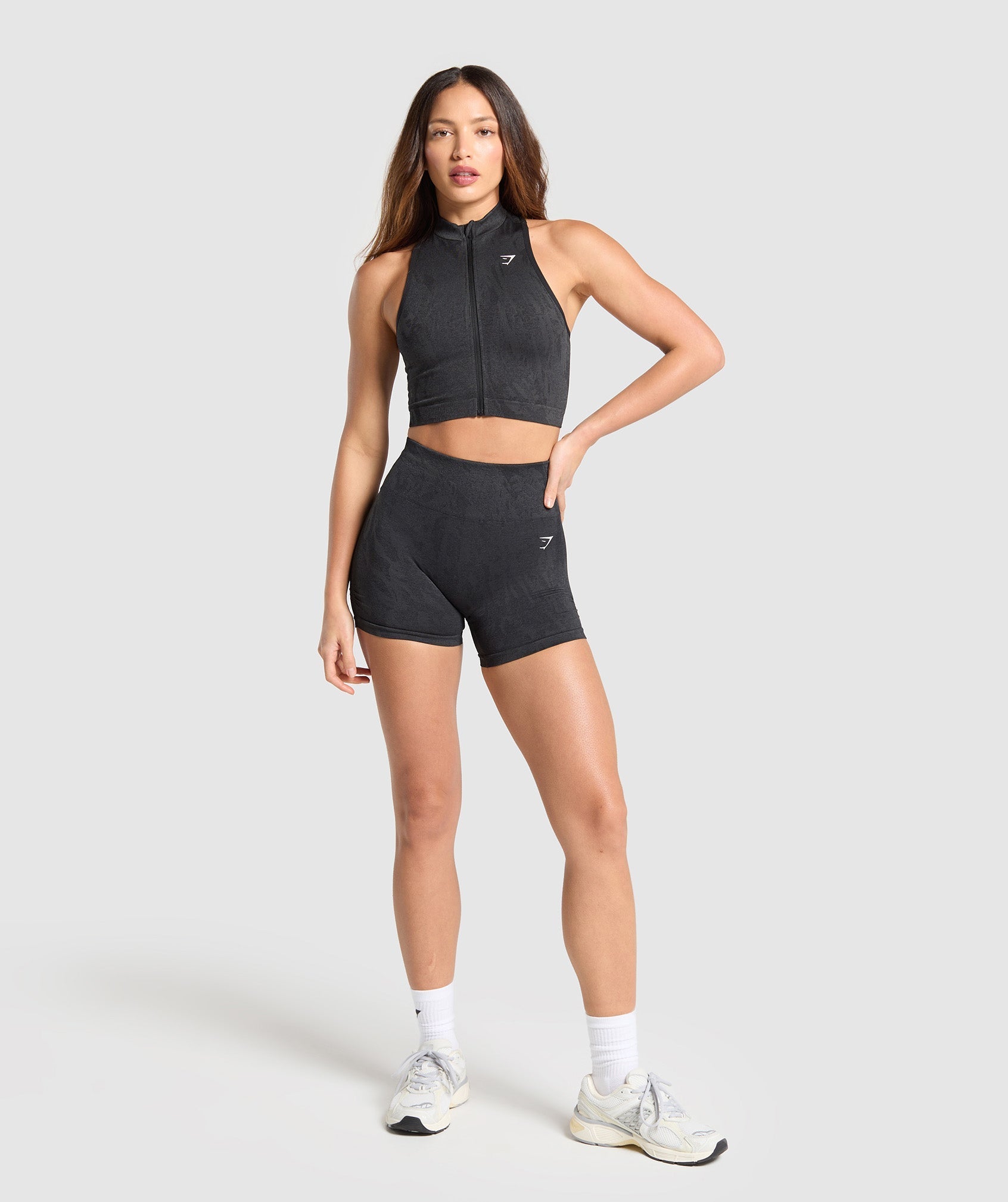 Gymshark Adapt Camo Seamless Zip Up Crop Top - Asphalt Grey/Black