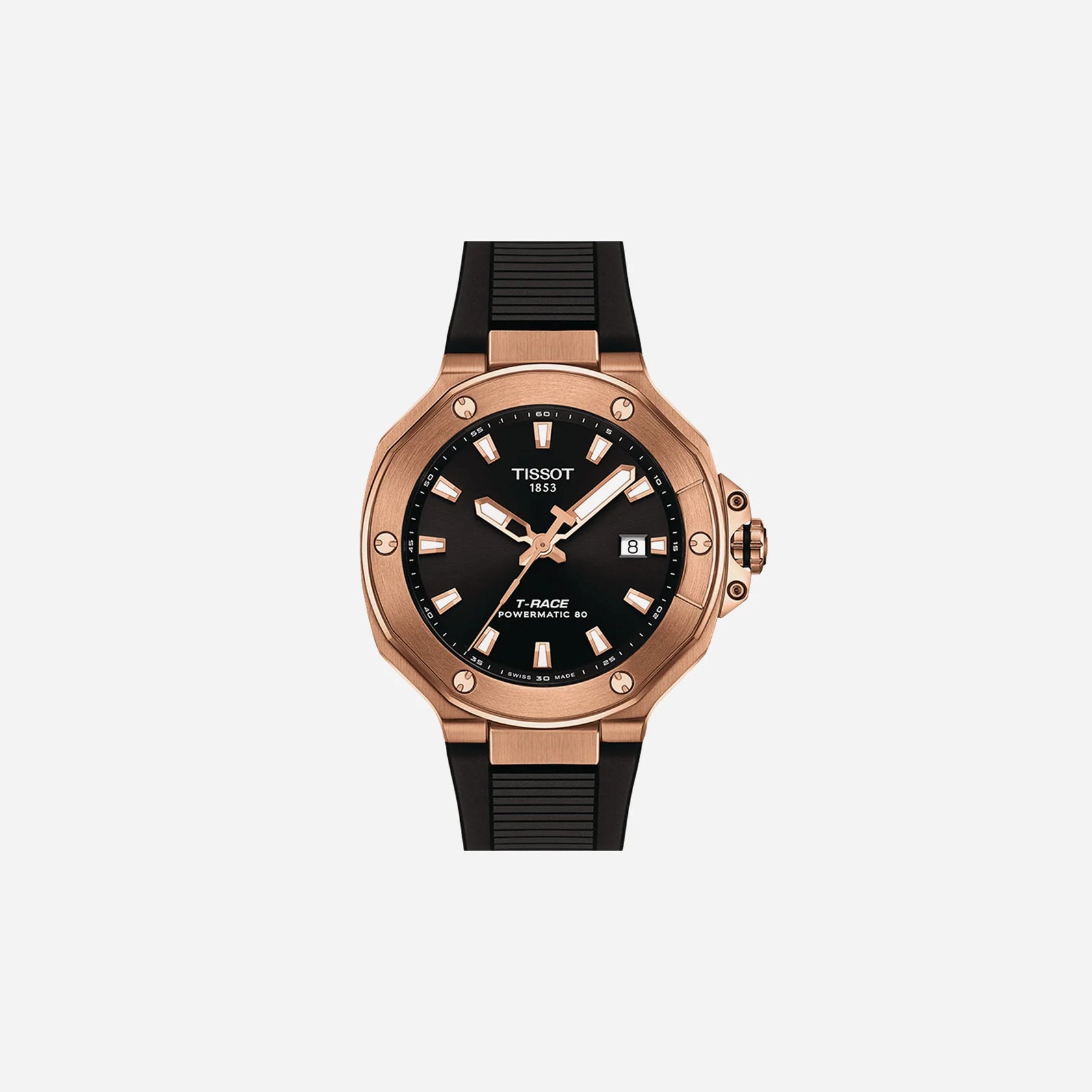 Tissot T-Race Powermatic 80 41mm Rose Gold PVD Case Black Dial Black Silicone Strap