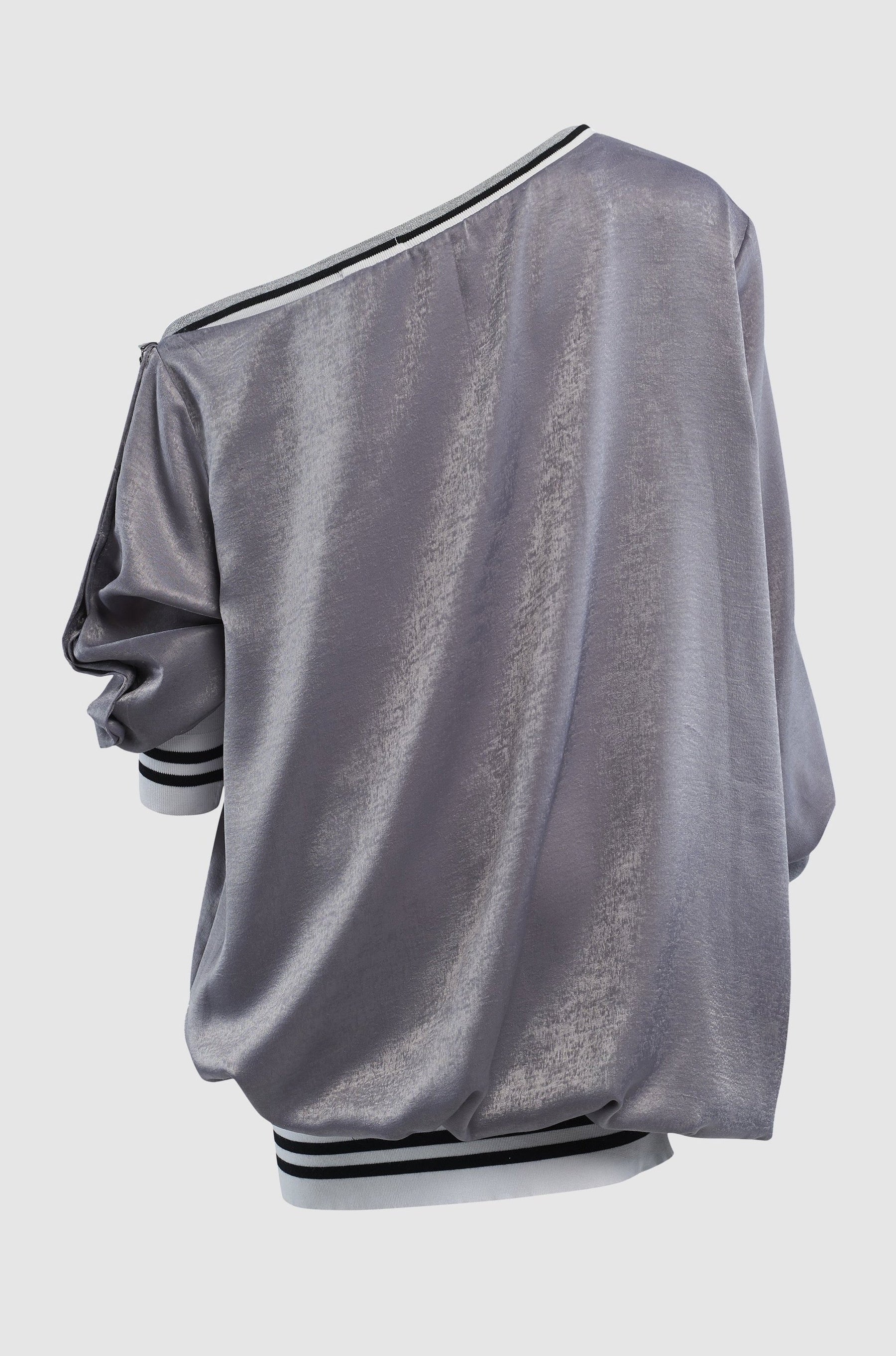 OFF THE SHOULDER SATIN BOMBER SWEATER