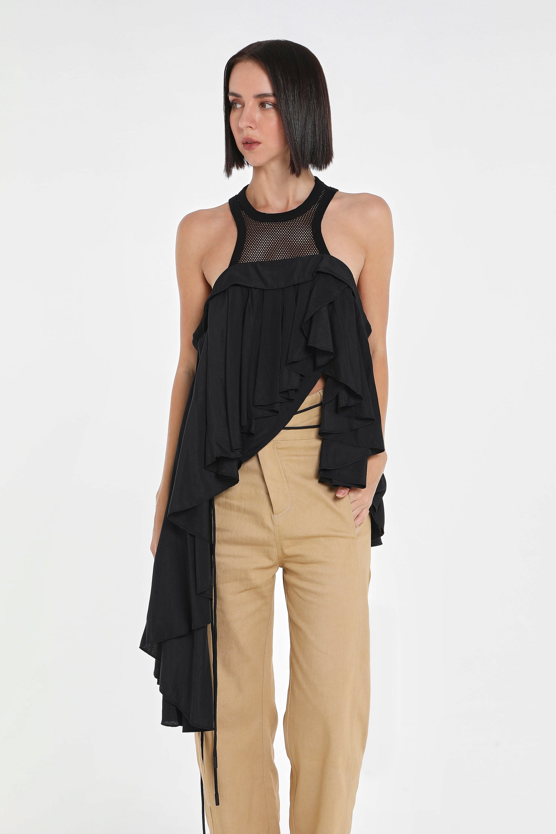 MESH RACER NECK ASYMMETRIC TOP