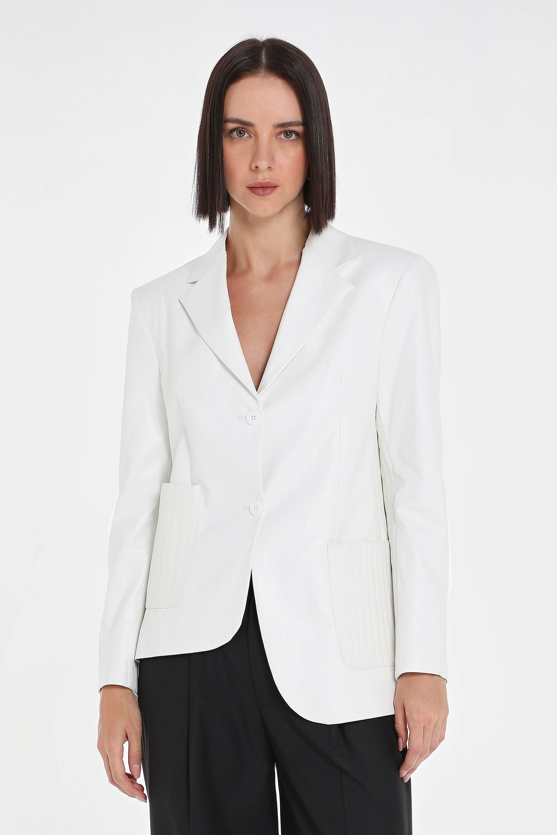 ASYMMETRIC QUILTED VEGAN LEATHER BLAZER