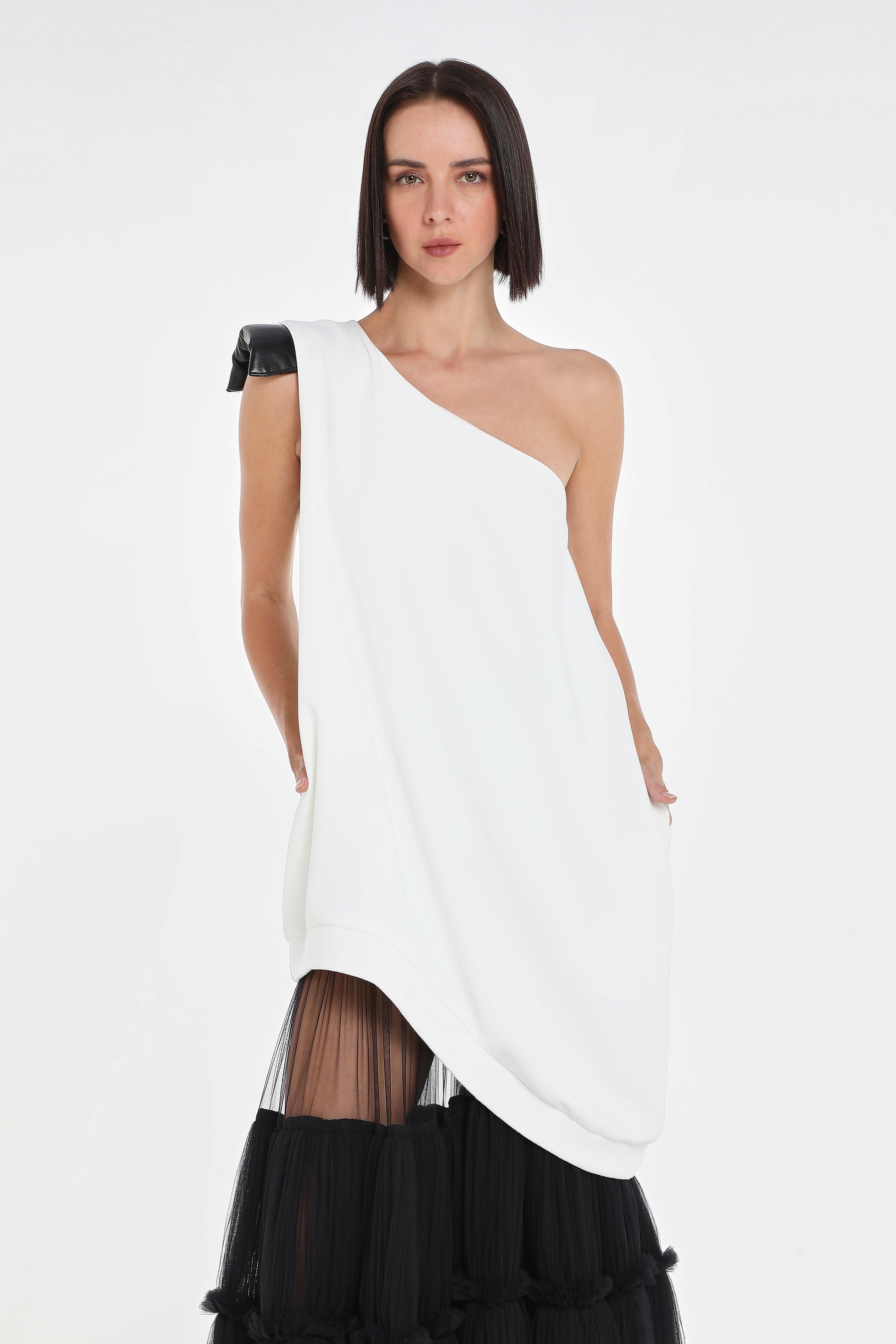 ONE SHOULDER DRESS W/ VEGAN LEATHER SHOULDER PAD
