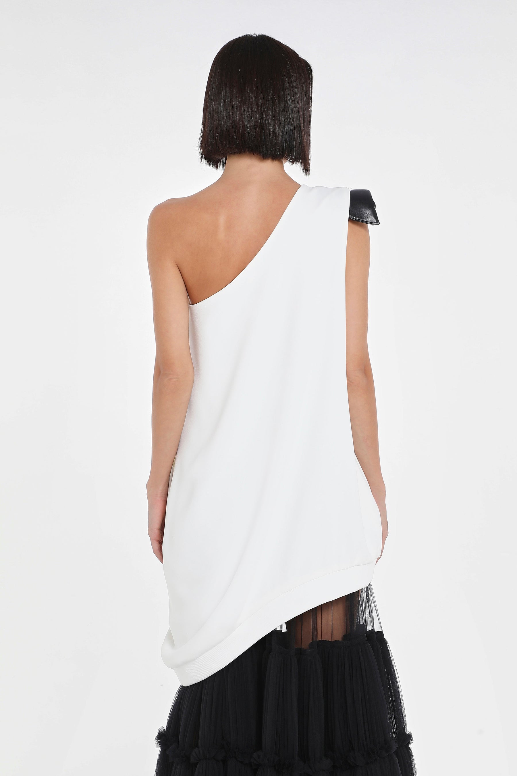 ONE SHOULDER DRESS W/ VEGAN LEATHER SHOULDER PAD