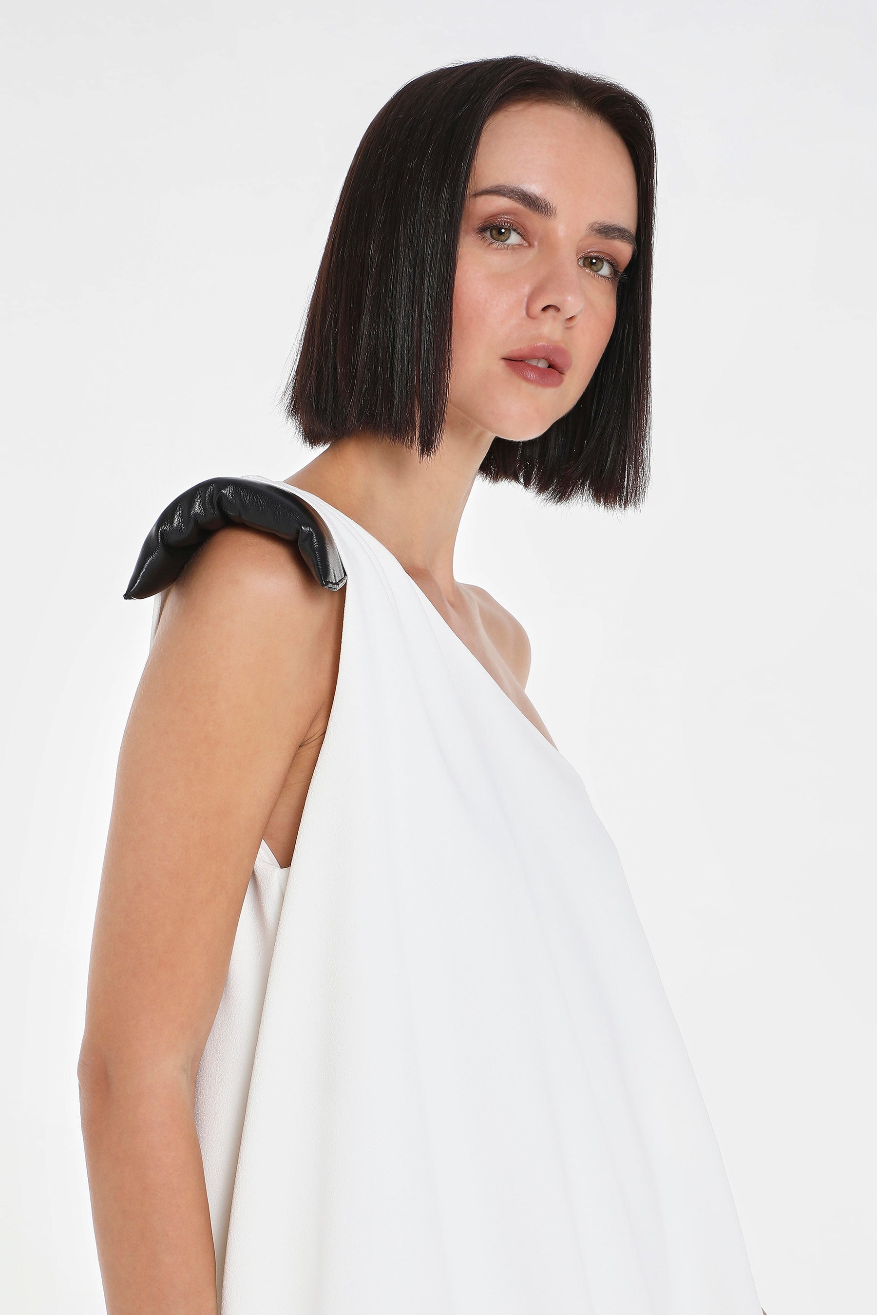 ONE SHOULDER DRESS W/ VEGAN LEATHER SHOULDER PAD