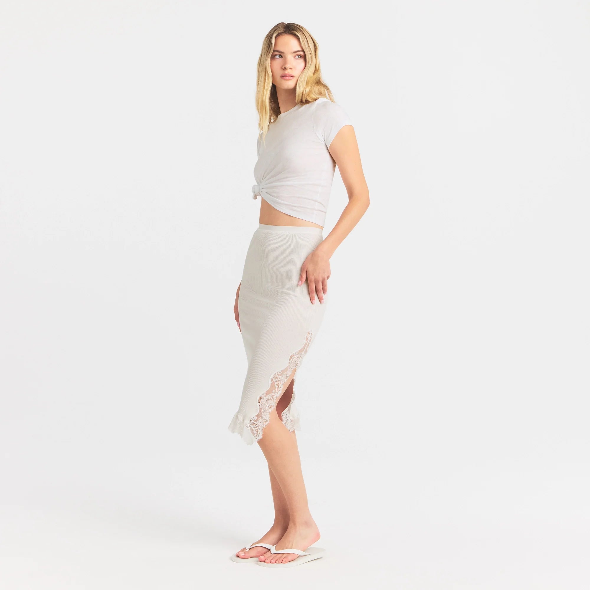 Rib Knit Lace Midi Skirt