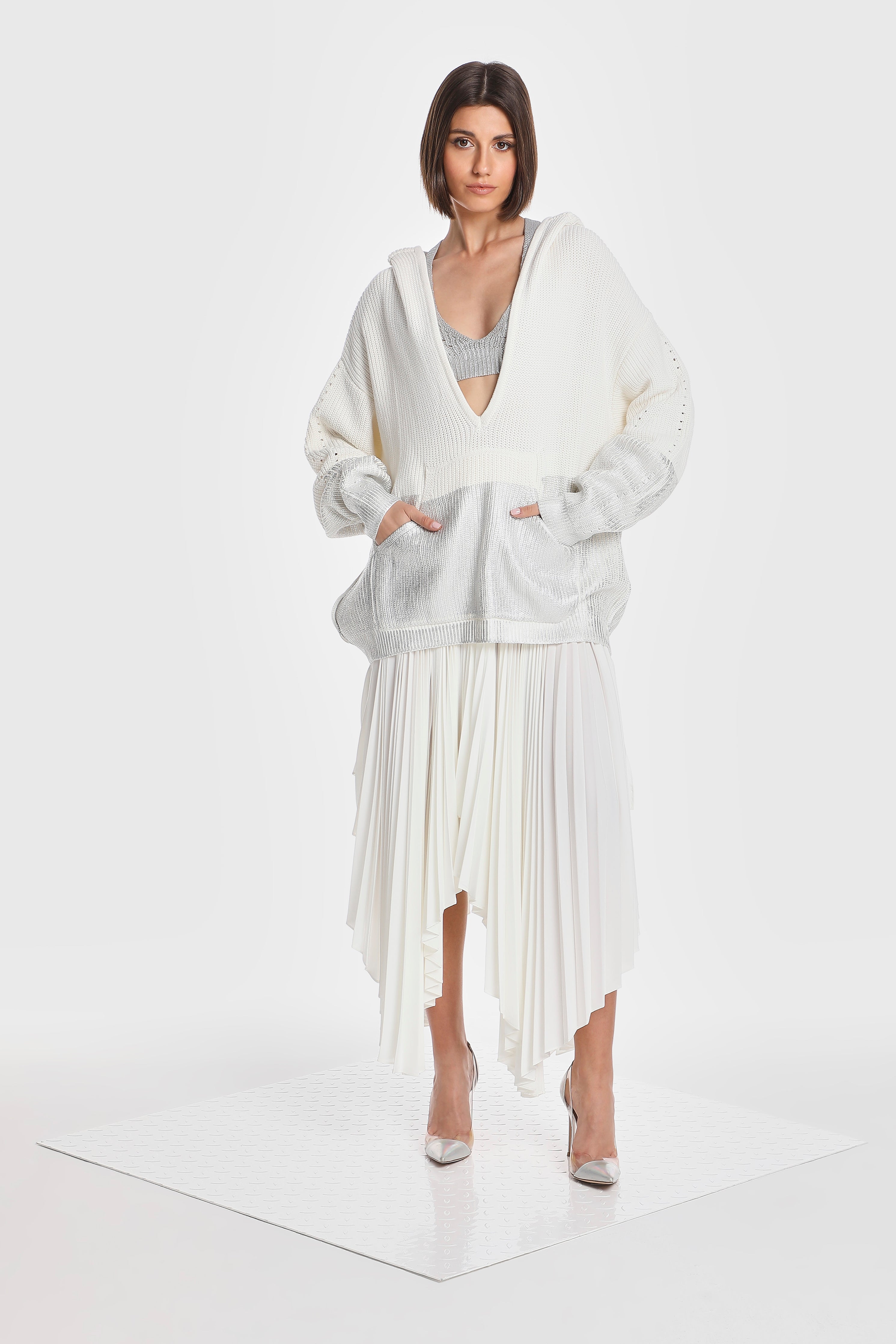 ASYMMETRIC PLEATED SKIRT W/ VEGAN LEATHER WAIST