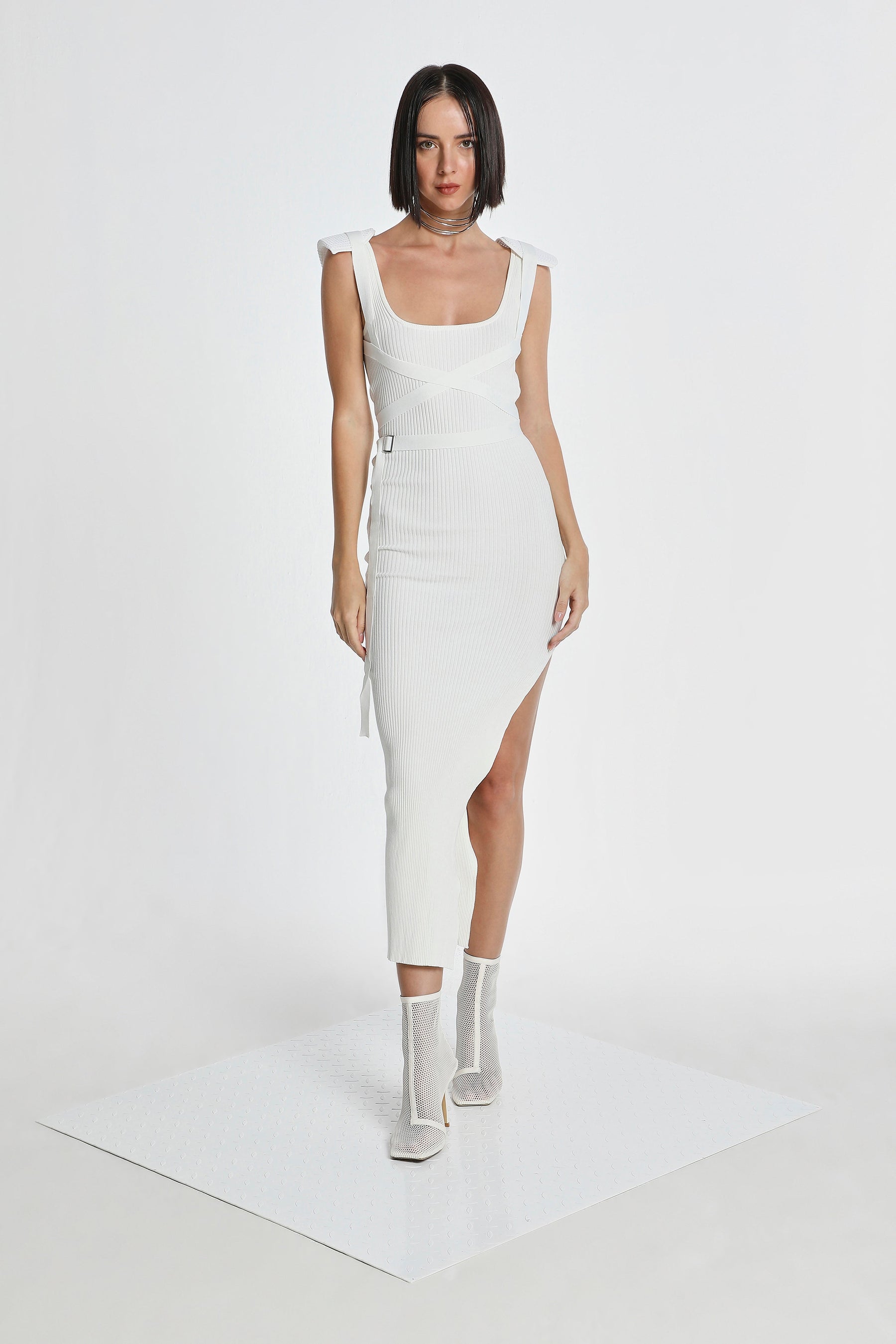 HARNESS KNIT DRESS W/ SHOULDER PADS