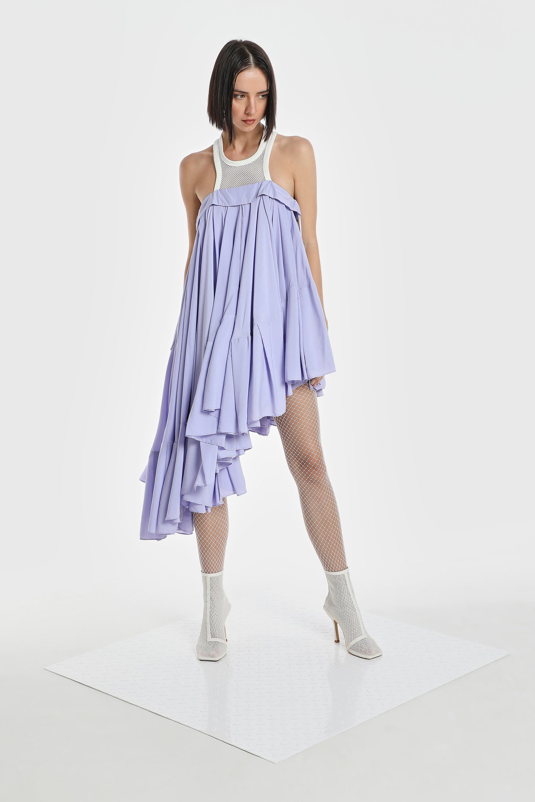 MESH RACER NECK ASYMMETRIC DRESS