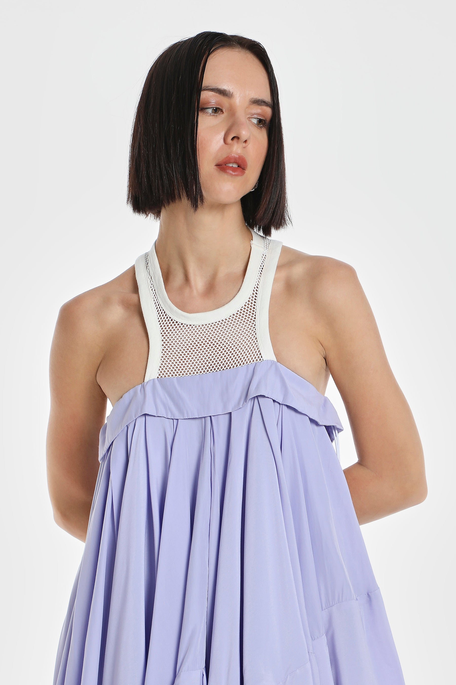 MESH RACER NECK ASYMMETRIC DRESS