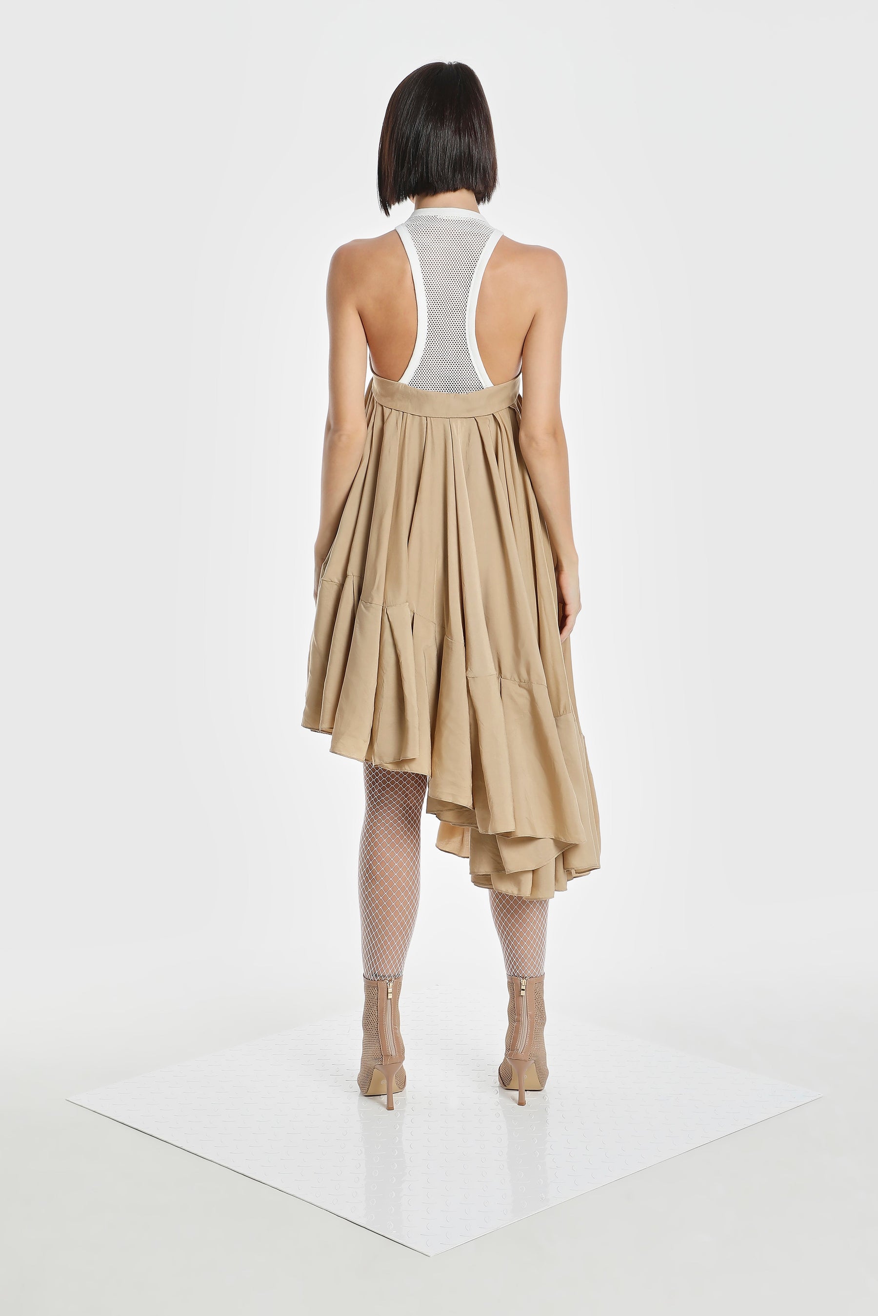 MESH RACER NECK ASYMMETRIC DRESS