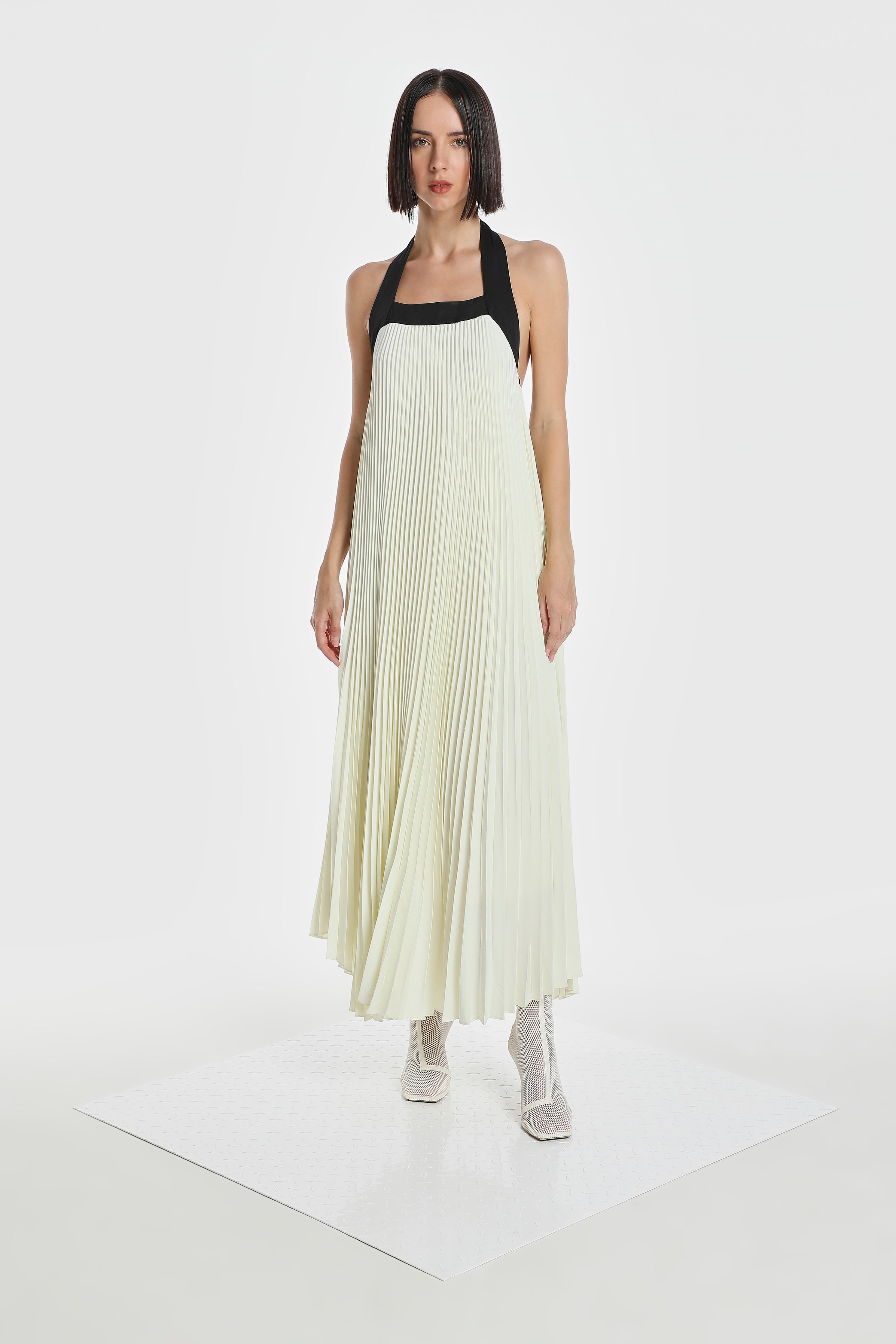 HALTER ACCENT PLEATED DRESS