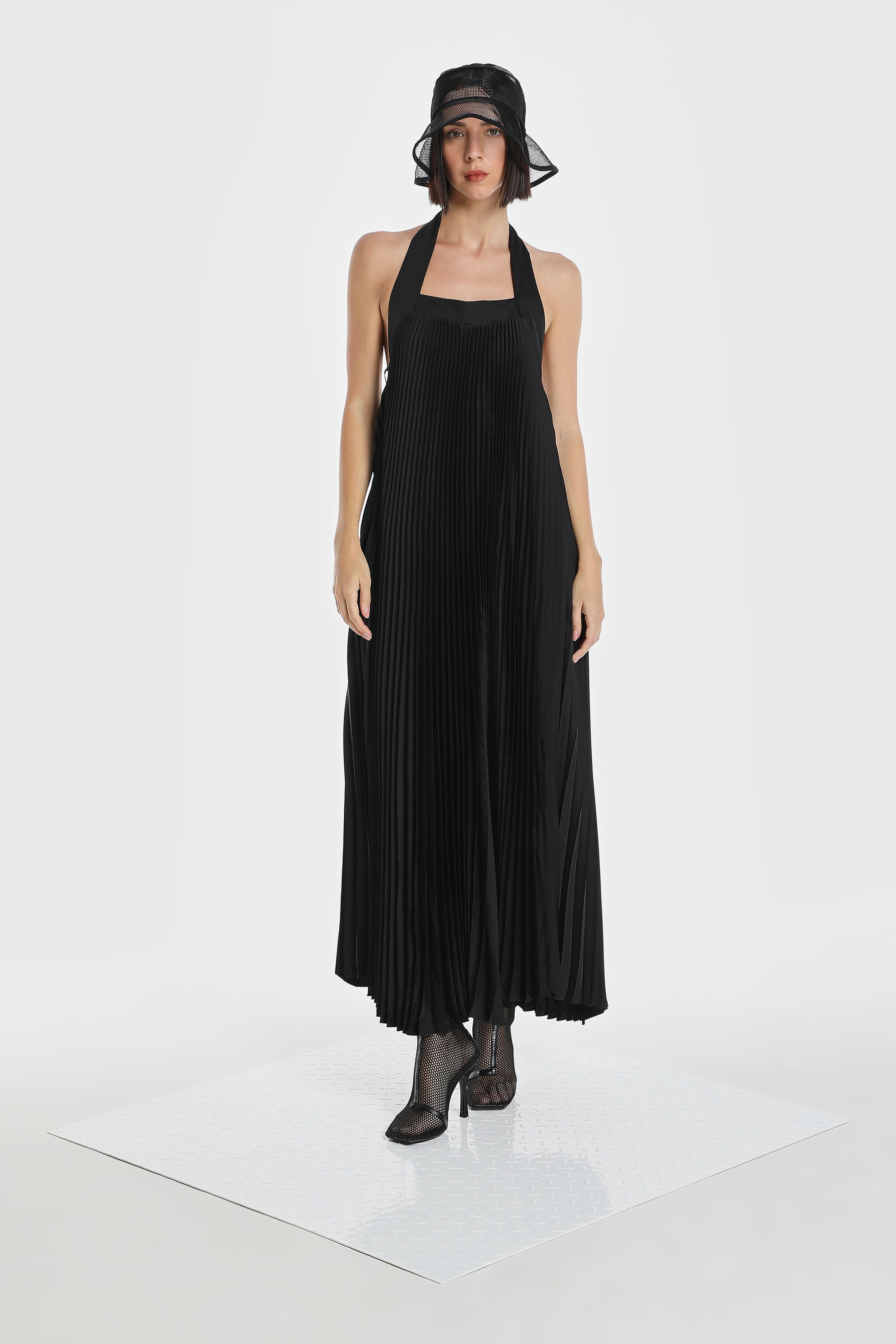 HALTER ACCENT PLEATED DRESS