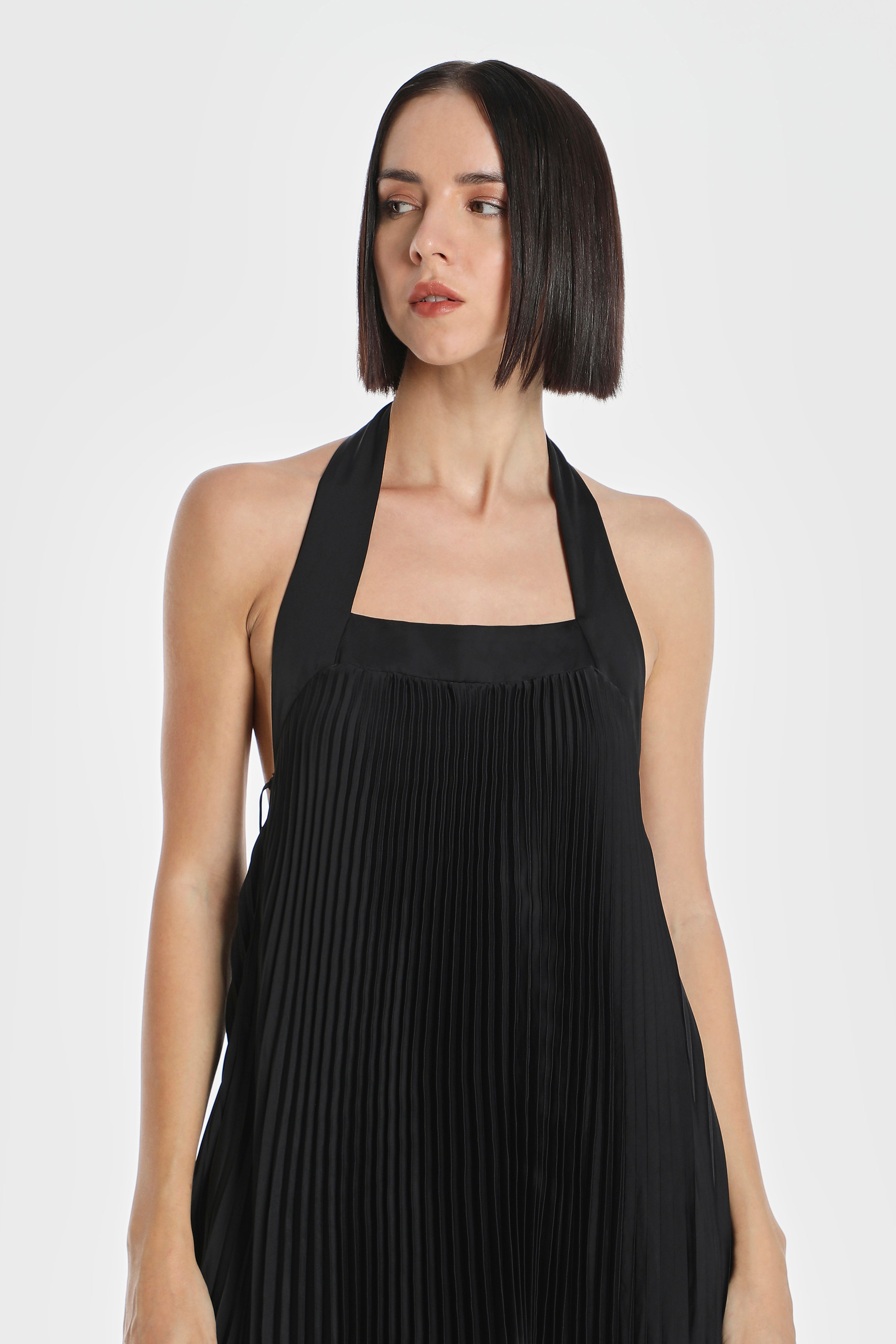 HALTER ACCENT PLEATED DRESS