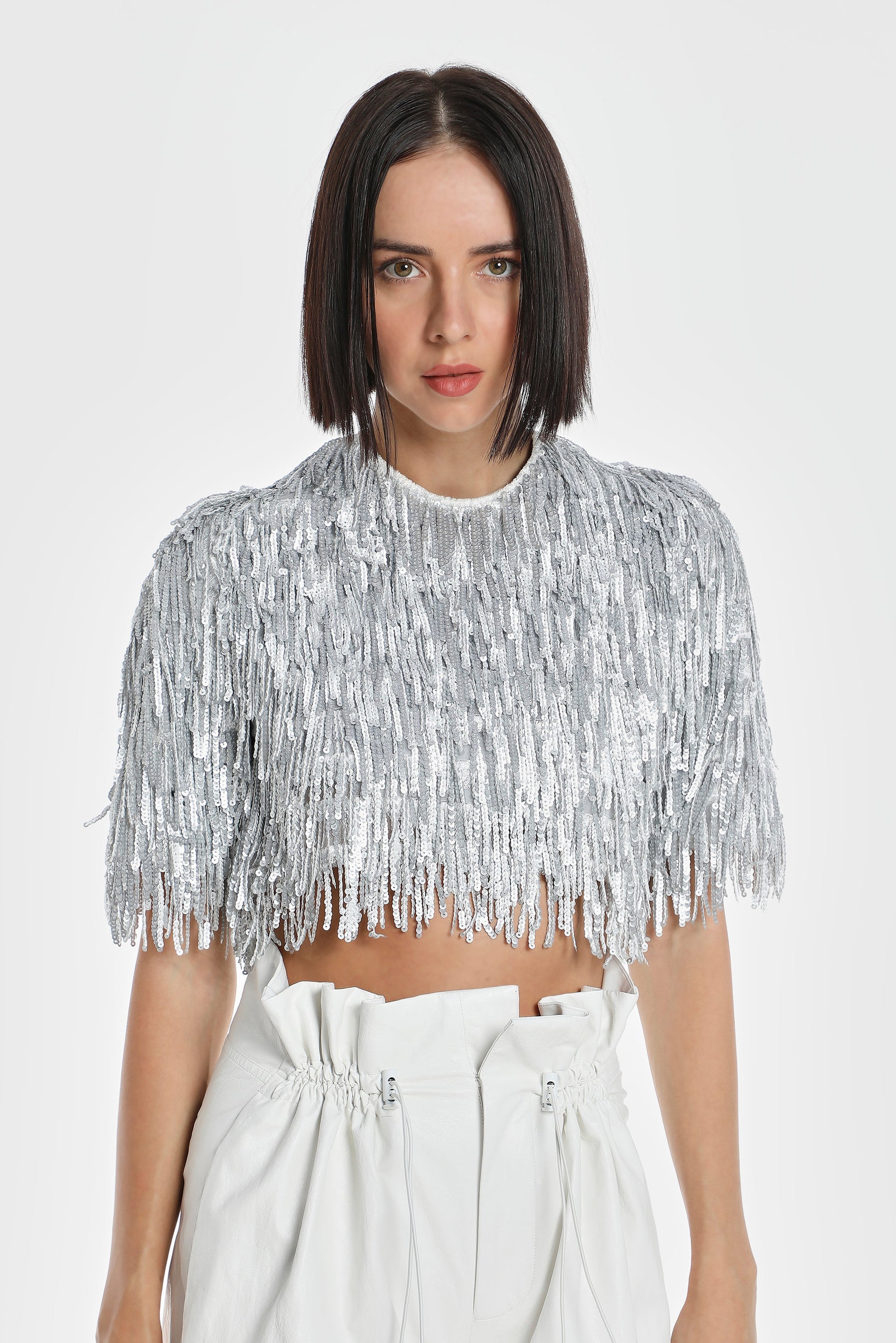 METALLIC FRINGED SEQUIN CROP TOP