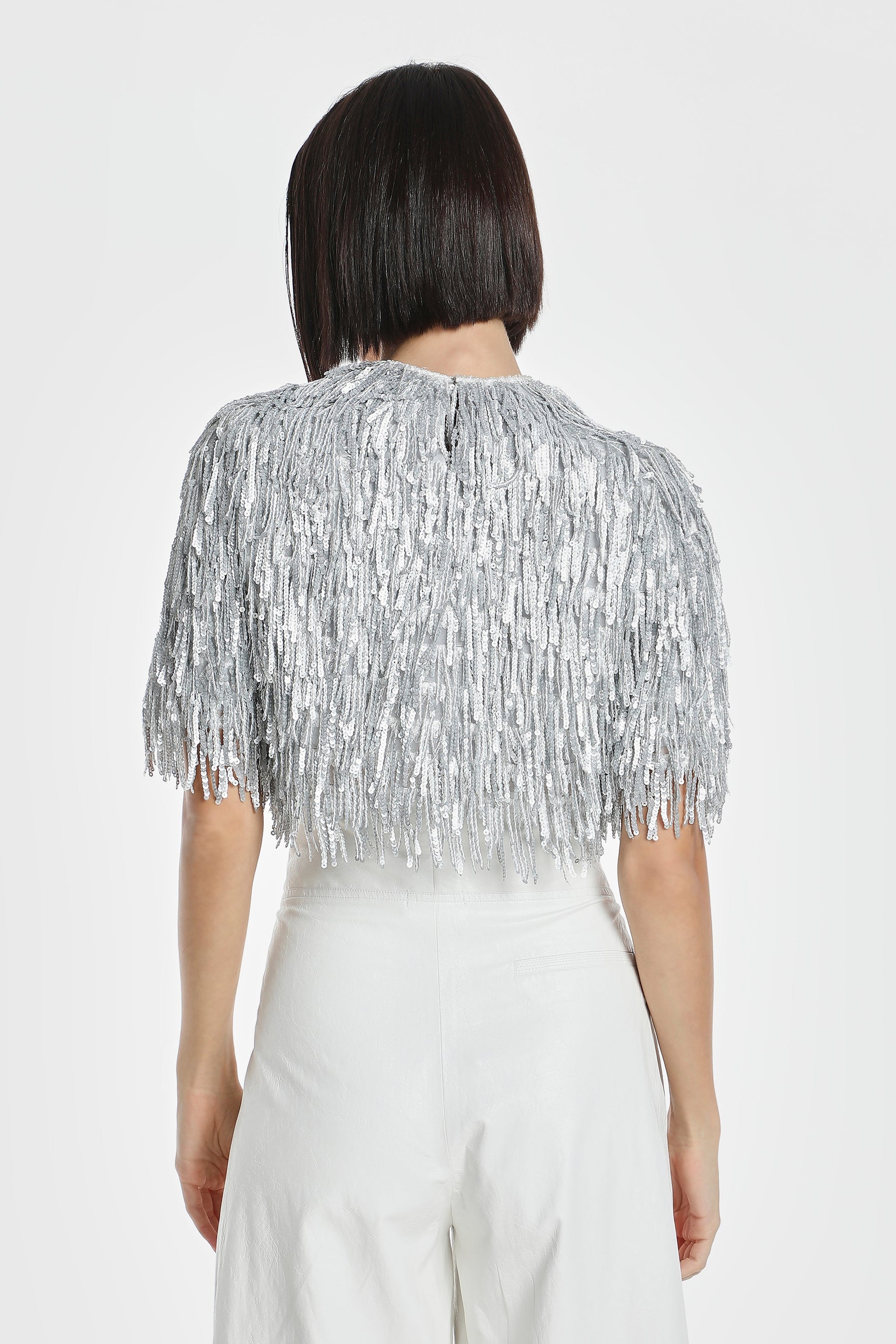 METALLIC FRINGED SEQUIN CROP TOP