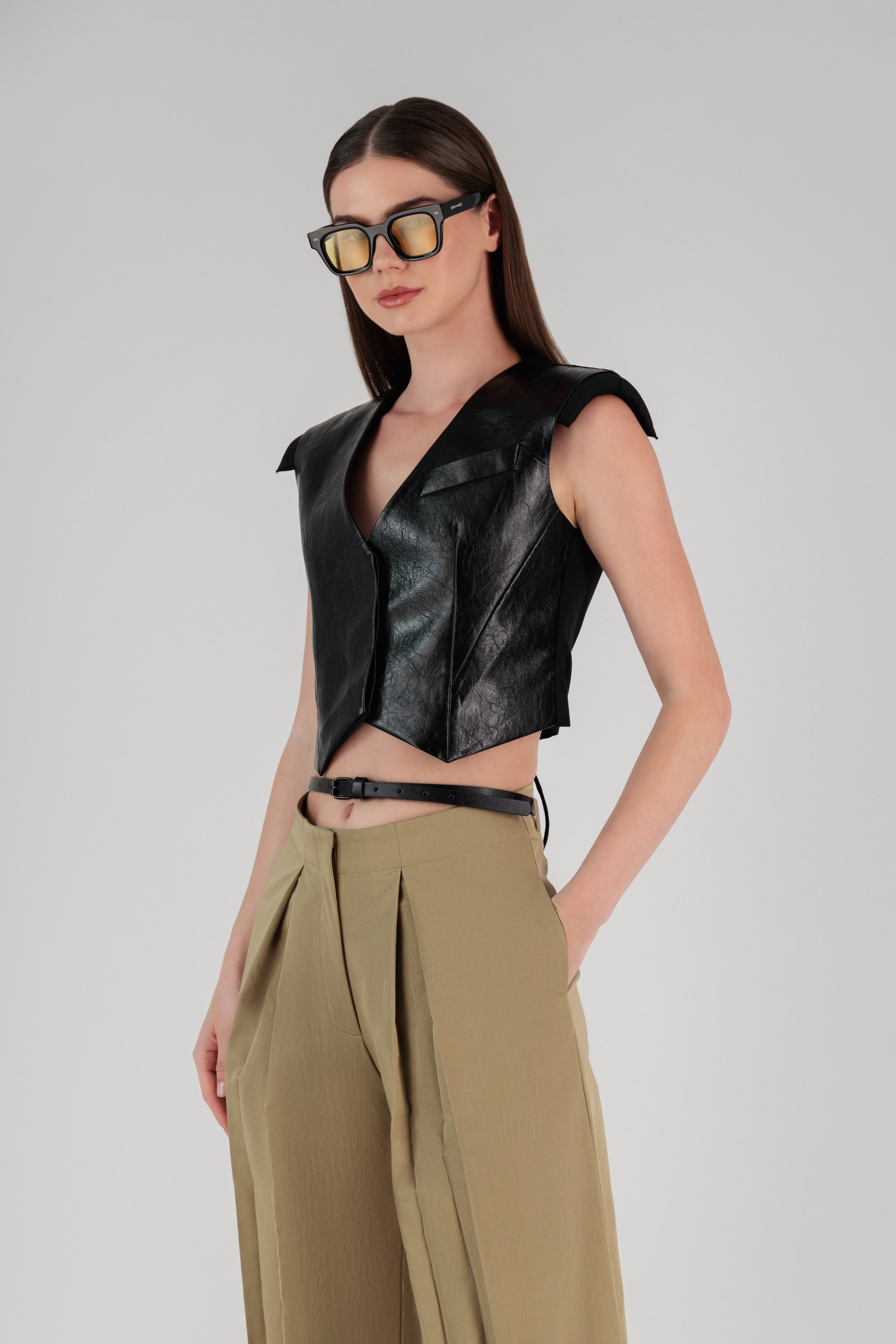 VEGAN LEATHER CROP VEST W/ SHOULDER PADS