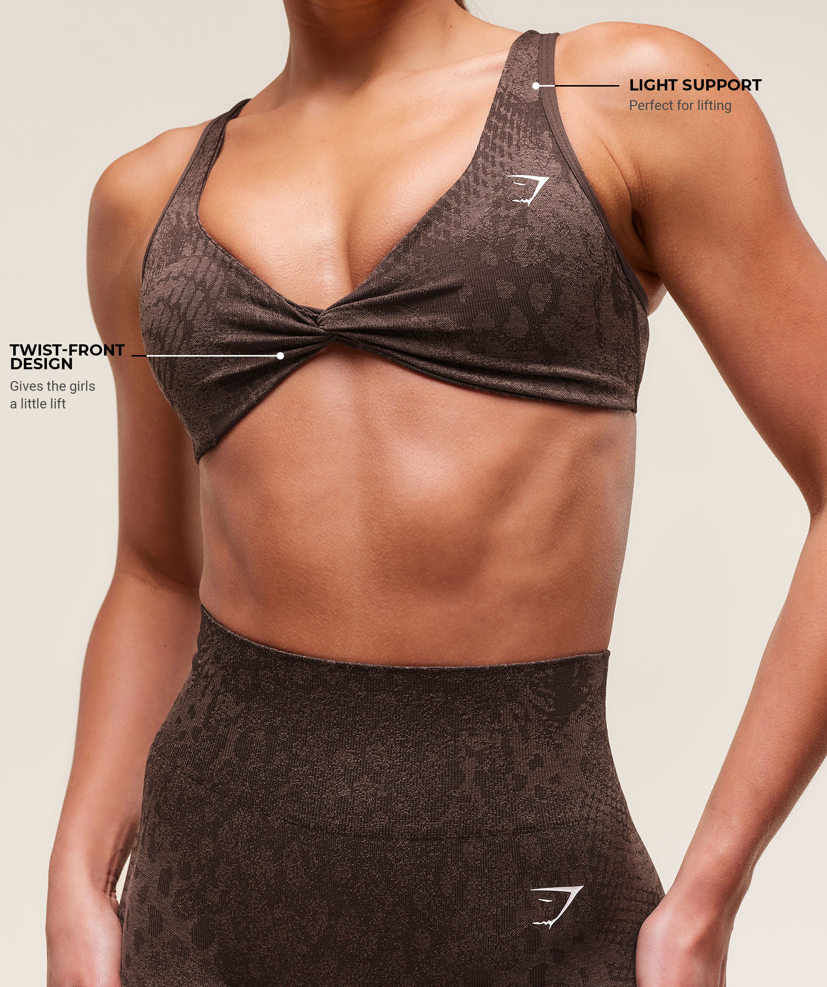 Gymshark Adapt Animal X Whitney Seamless Twist Front Bra - Archive Brown/Soft Brown