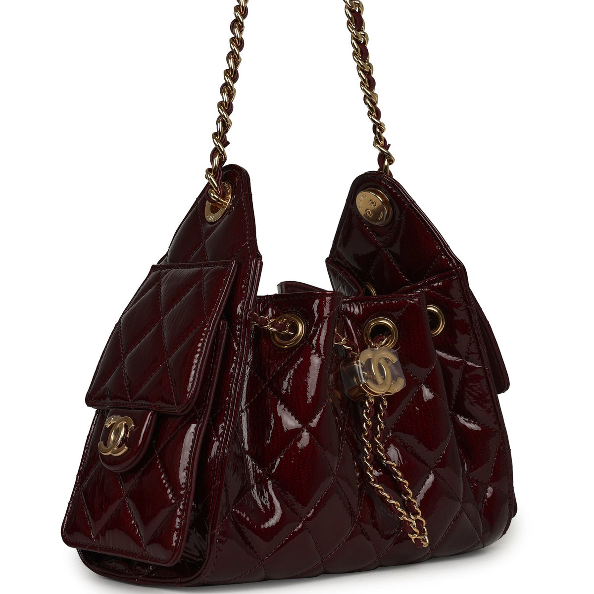 Chanel Mini 25 Hobo Bag Burgundy Patent Lambskin Gold Hardware