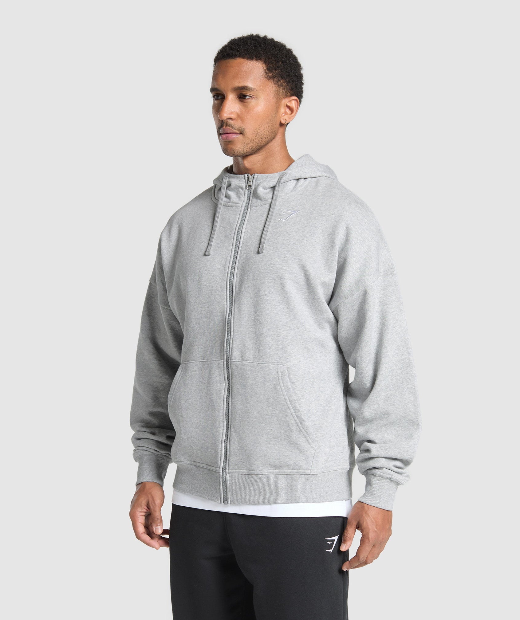 Gymshark Crest Oversized Zip Up Hoodie - Light Grey Core Marl