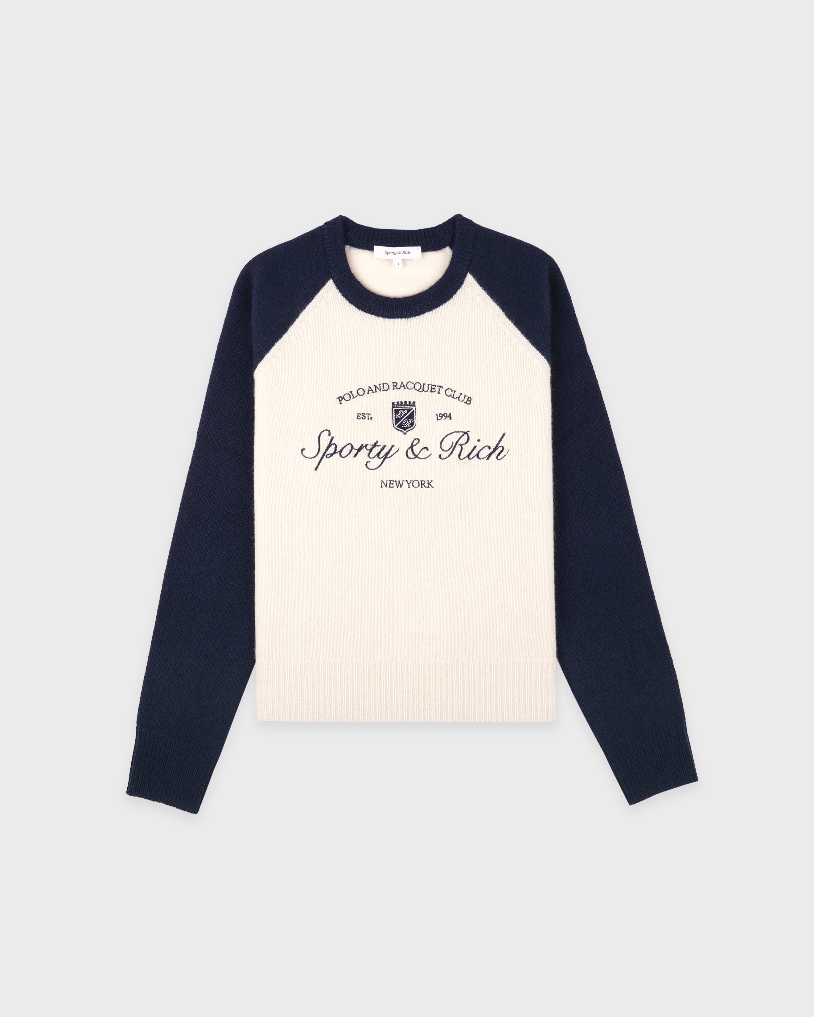 Syracuse Cashmere Baseball Sweater - Ecru/Navy