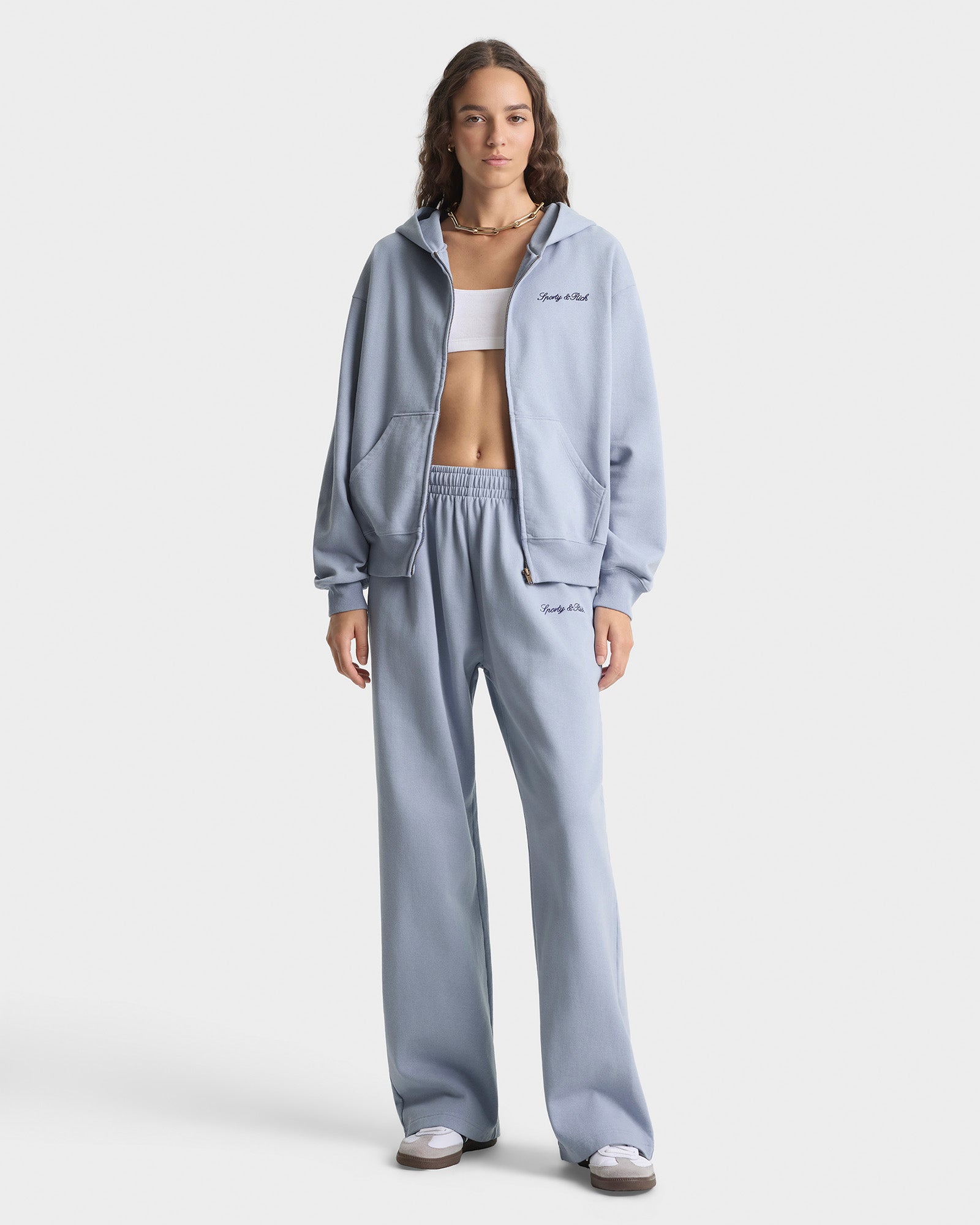 Signature Logo Embroidered Zip Hoodie - Faded Blue/Navy