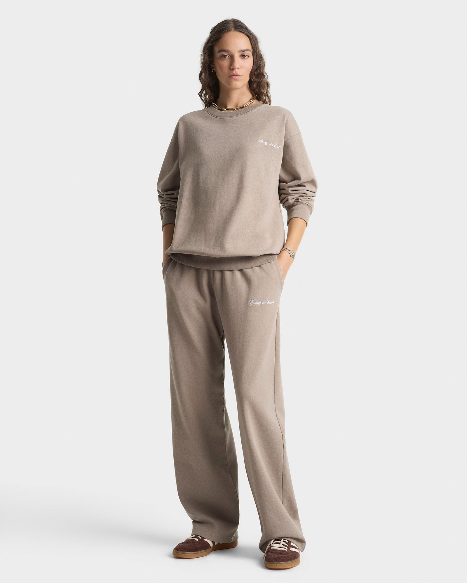 Signature Logo Embroidered Wide Sweatpant - Hazelnut/White