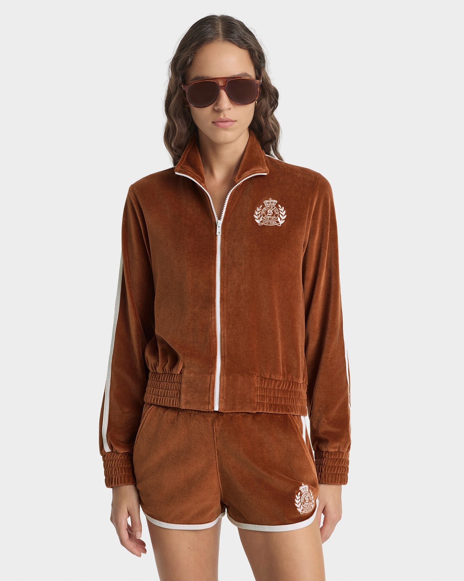 NY Crest Velour Track Short - Tobacco/White