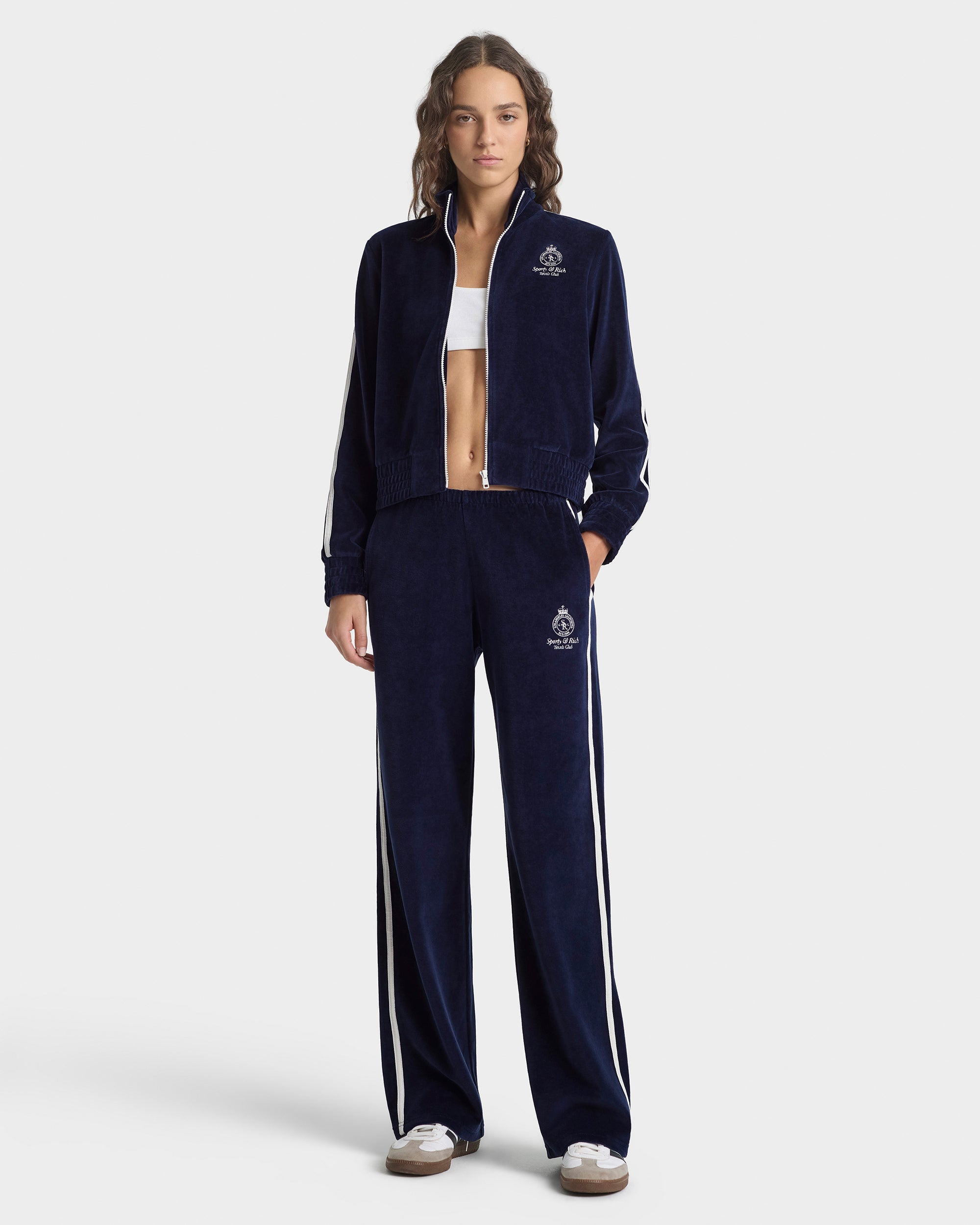 Crown Tennis Elio Velour Track Jacket - Navy/Ecru