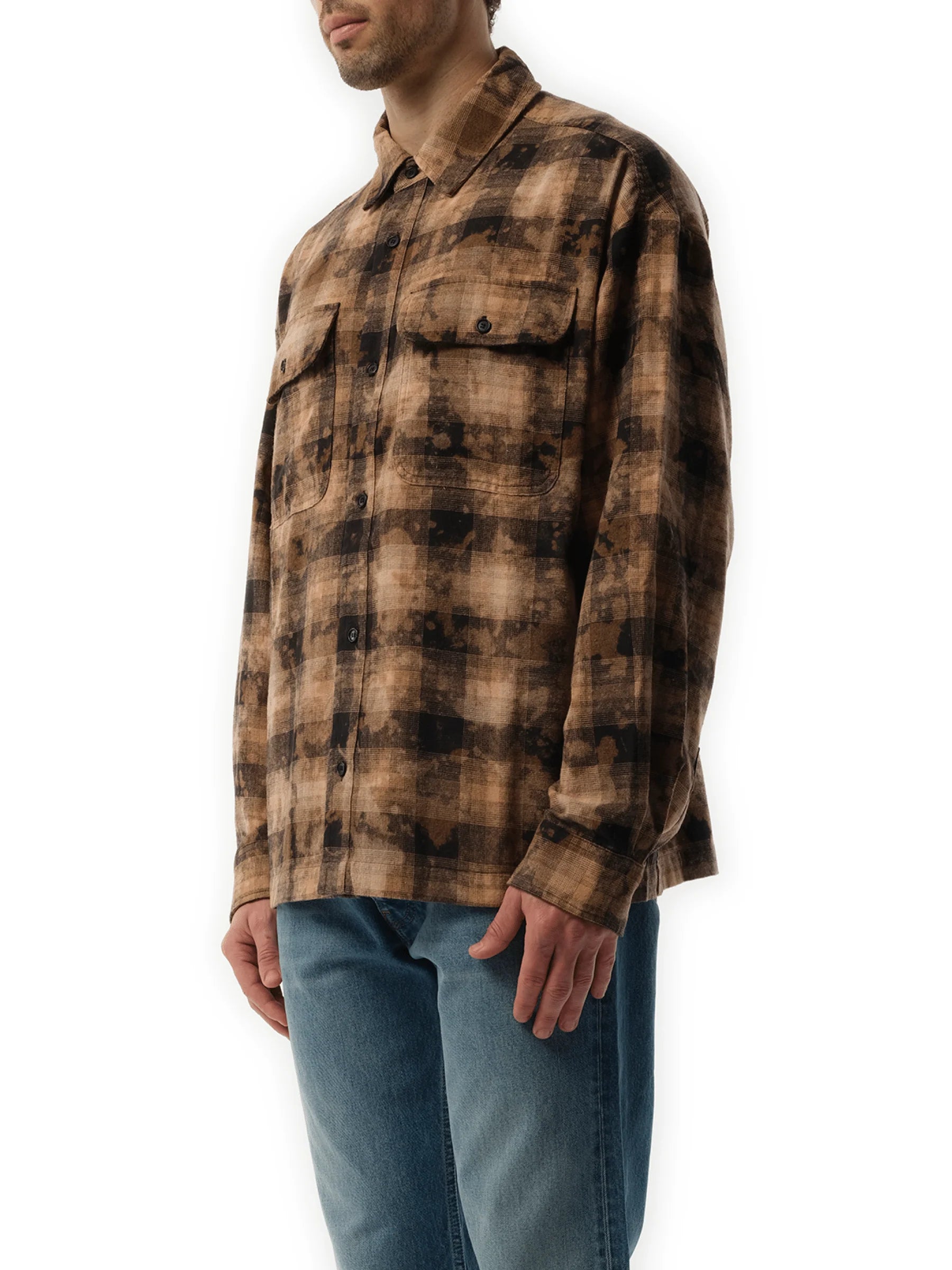 Long Sleeve Curved Logo Check Shirt in Brown/Off White