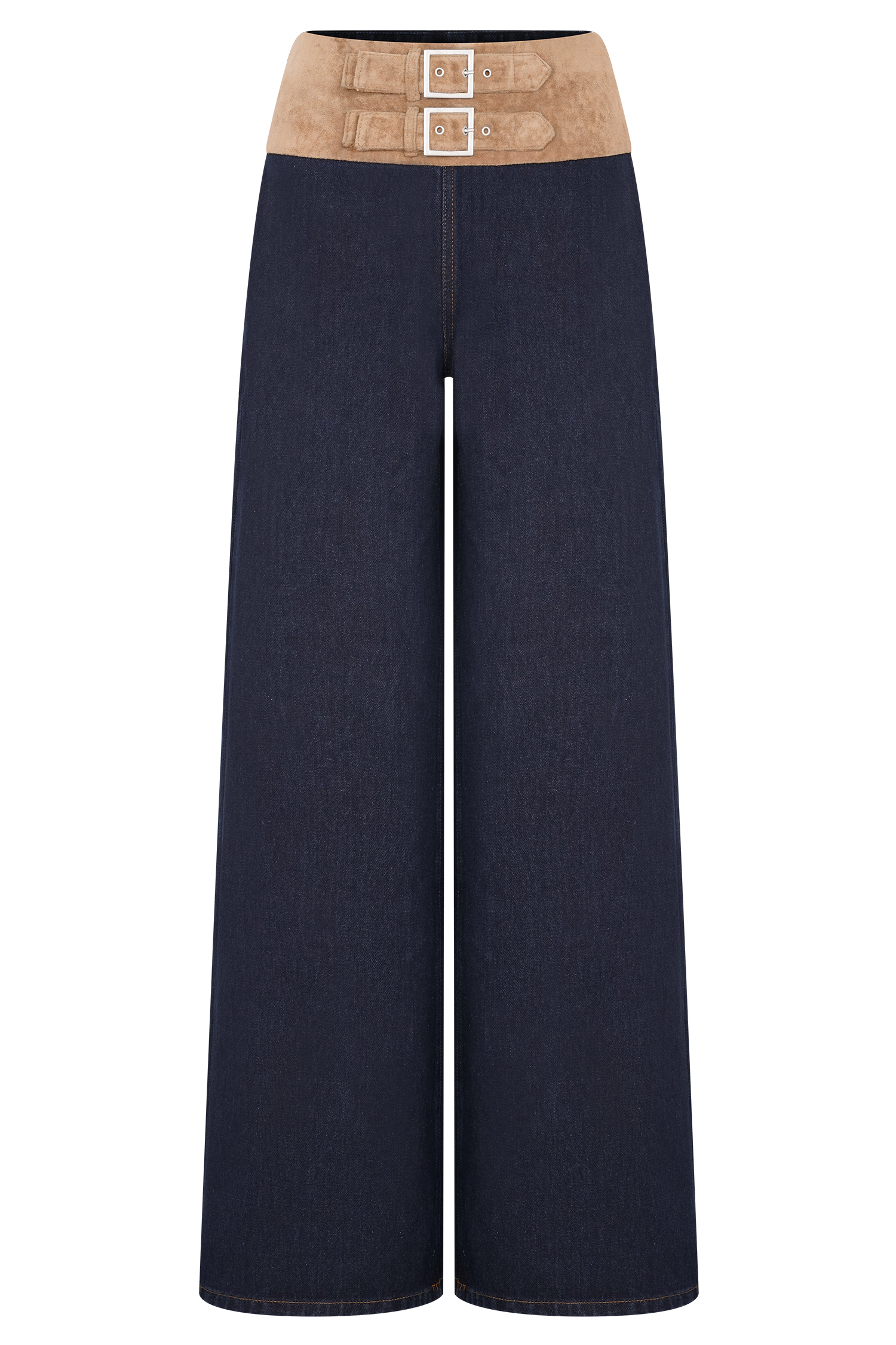 Miranda Faux Suede Belted Denim Wide Leg Pants - Indigo Blue