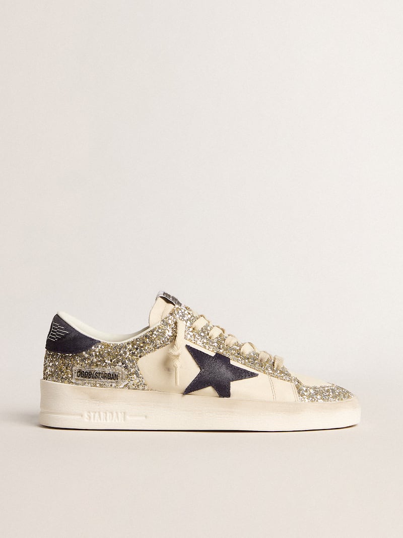 Women's Stardan in platinum glitter with dark blue suede star and heel tab
