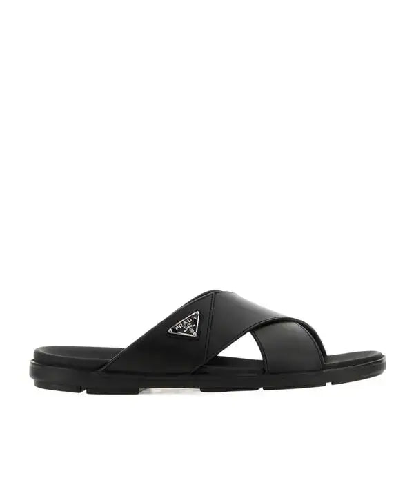 Prada triangle logo slip-on sandals - black