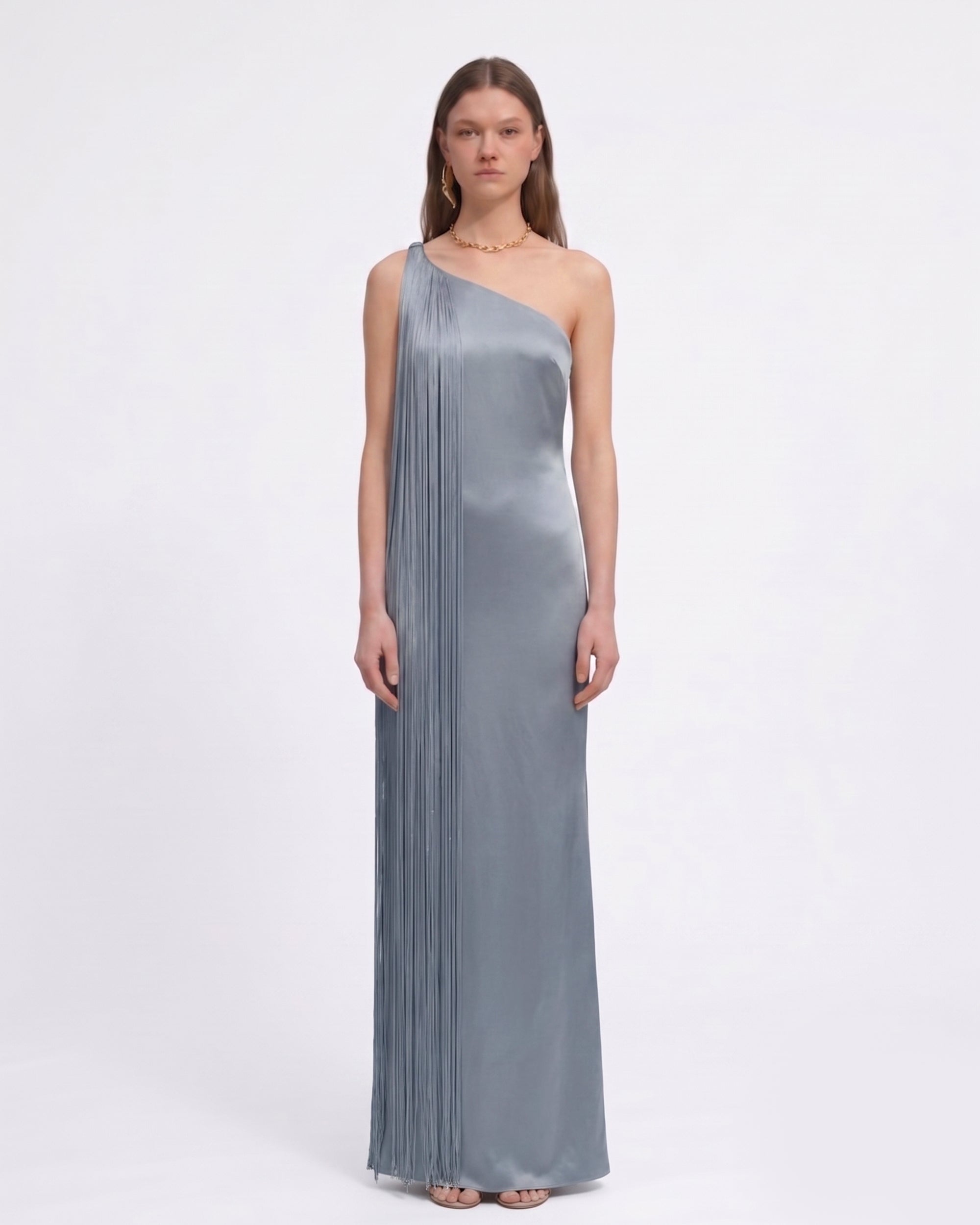 Fringe One Shoulder Maxi Dress - Sage Green
