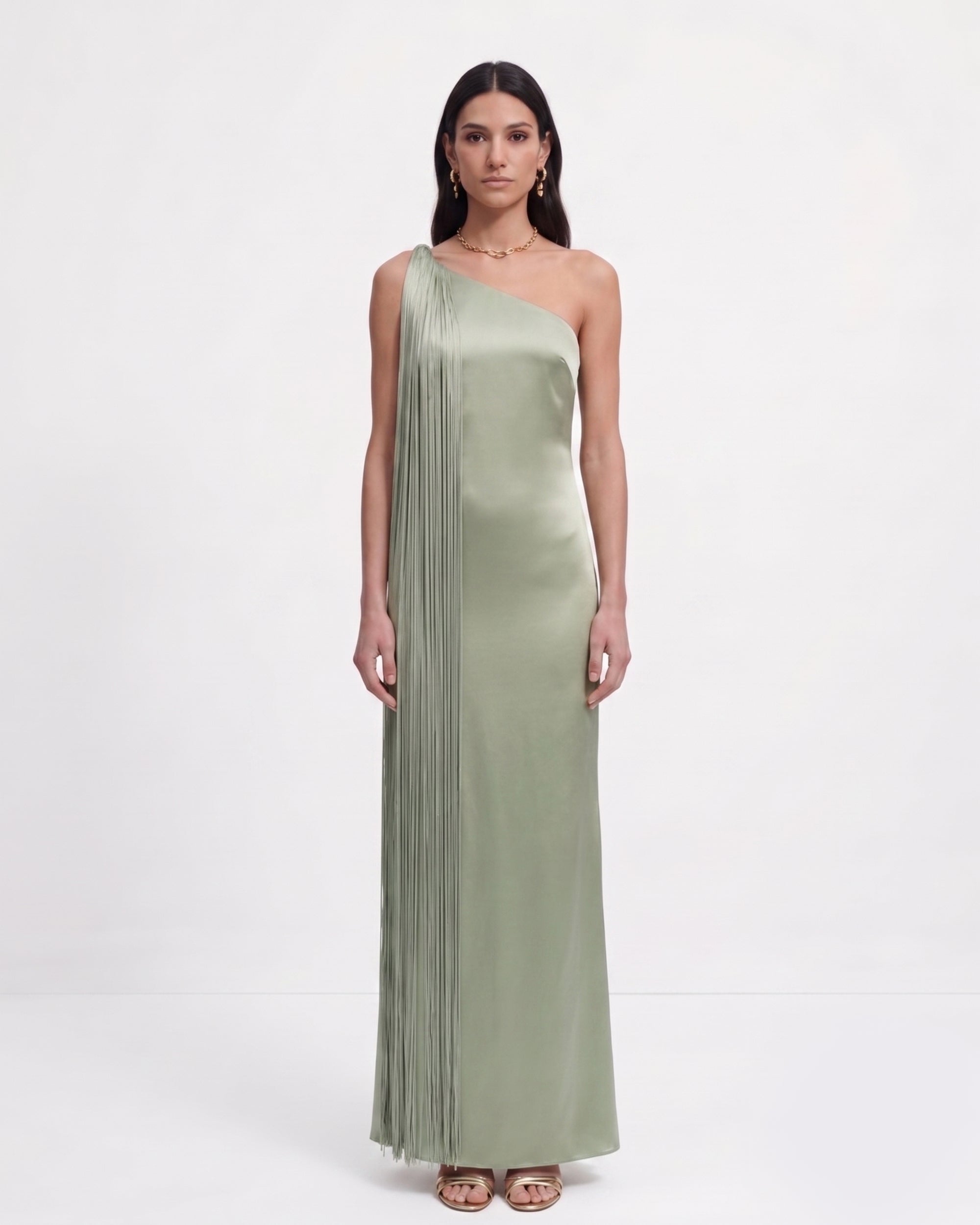 Fringe One Shoulder Maxi Dress - Misty Blue