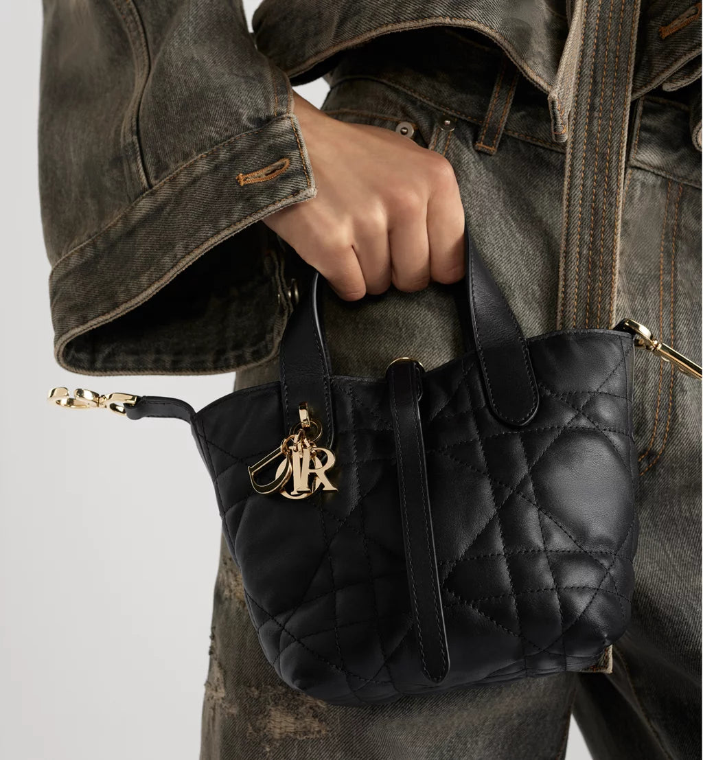 Dior Toujours Vertical Nano Tote Bag Black Macrocannage Calfskin