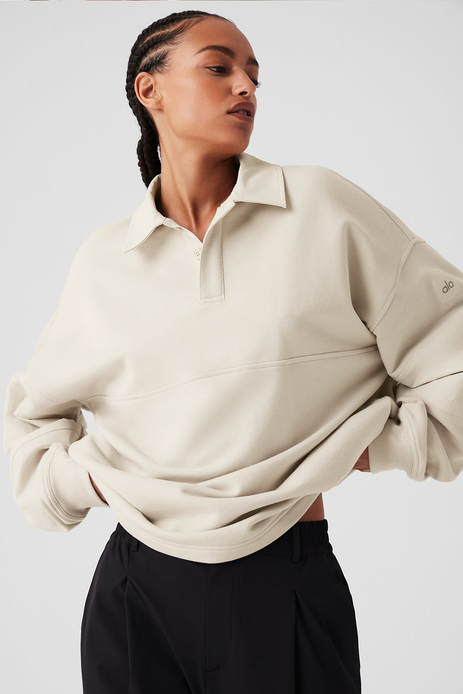 Model wearing Mixmatch Rugby Sweatshirt with sharp collar, dropped shoulders, and oversized fit for a sporty look.