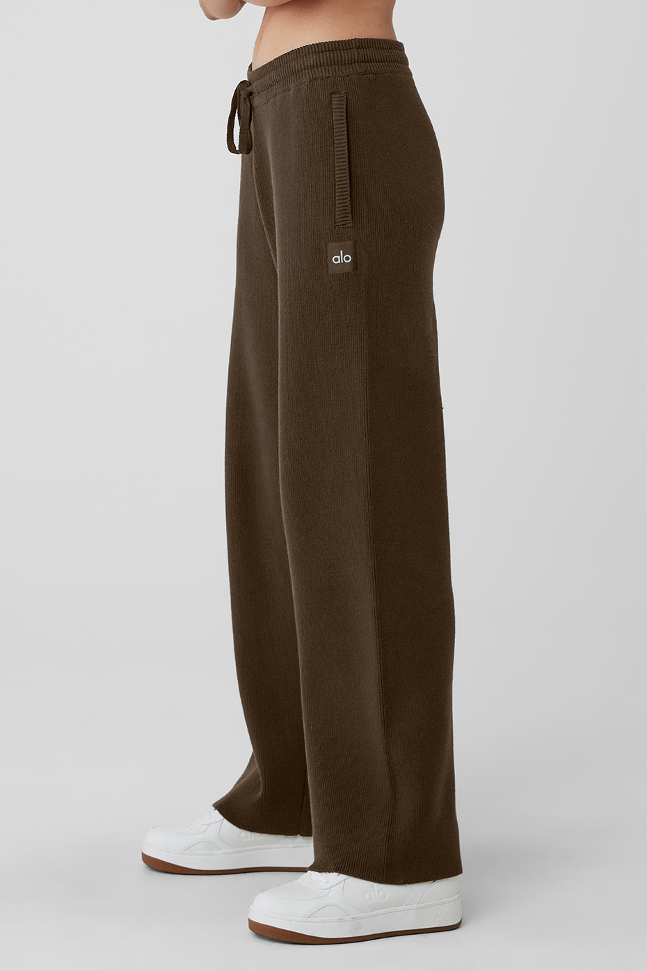 Scholar Straight Leg Sweatpant in dark brown, featuring external drawcords and side zippered pockets for functionality.