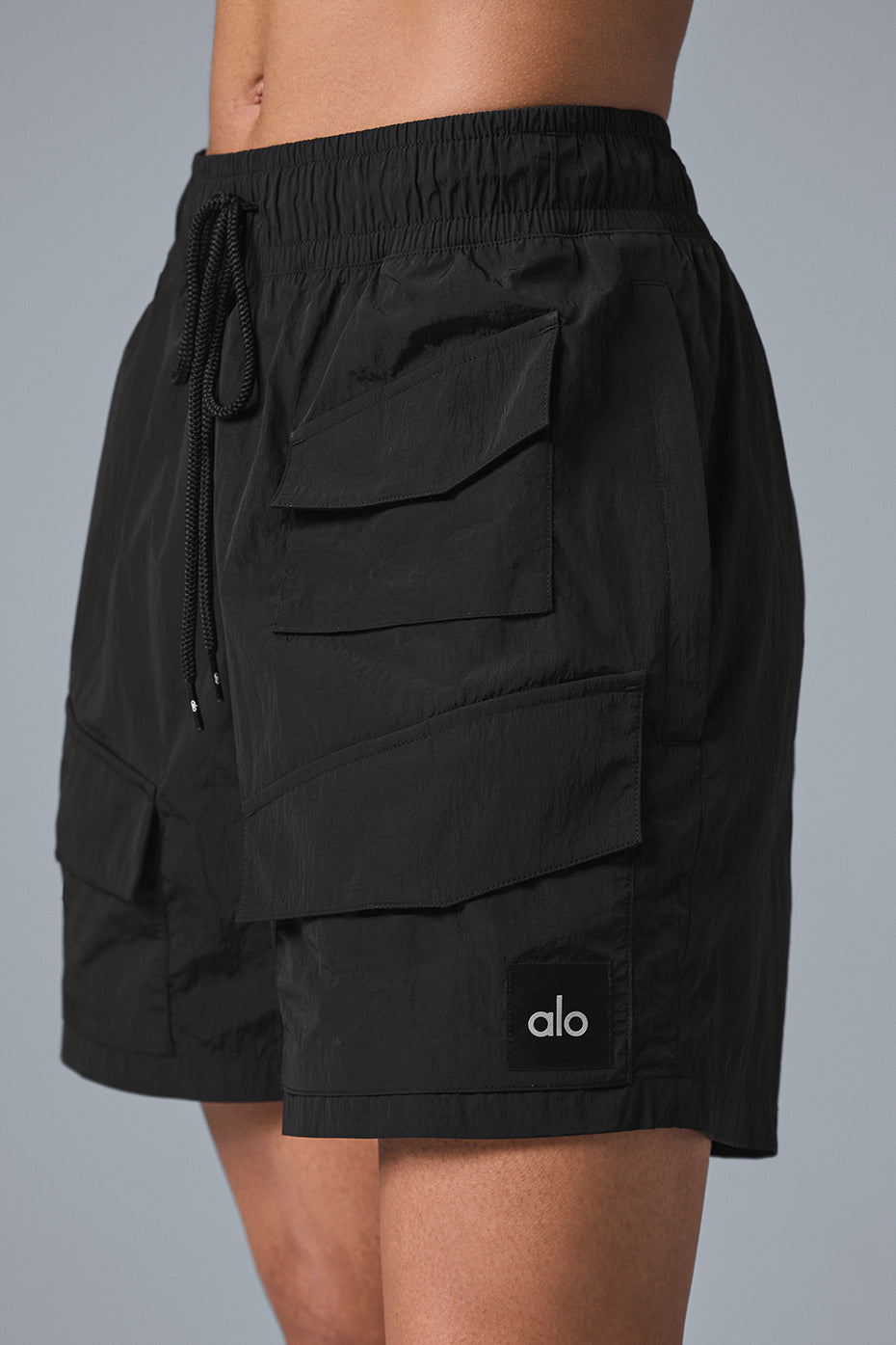 7 inch crinkle nylon excursion cargo shorts with drawstring waist and zippered pockets in black