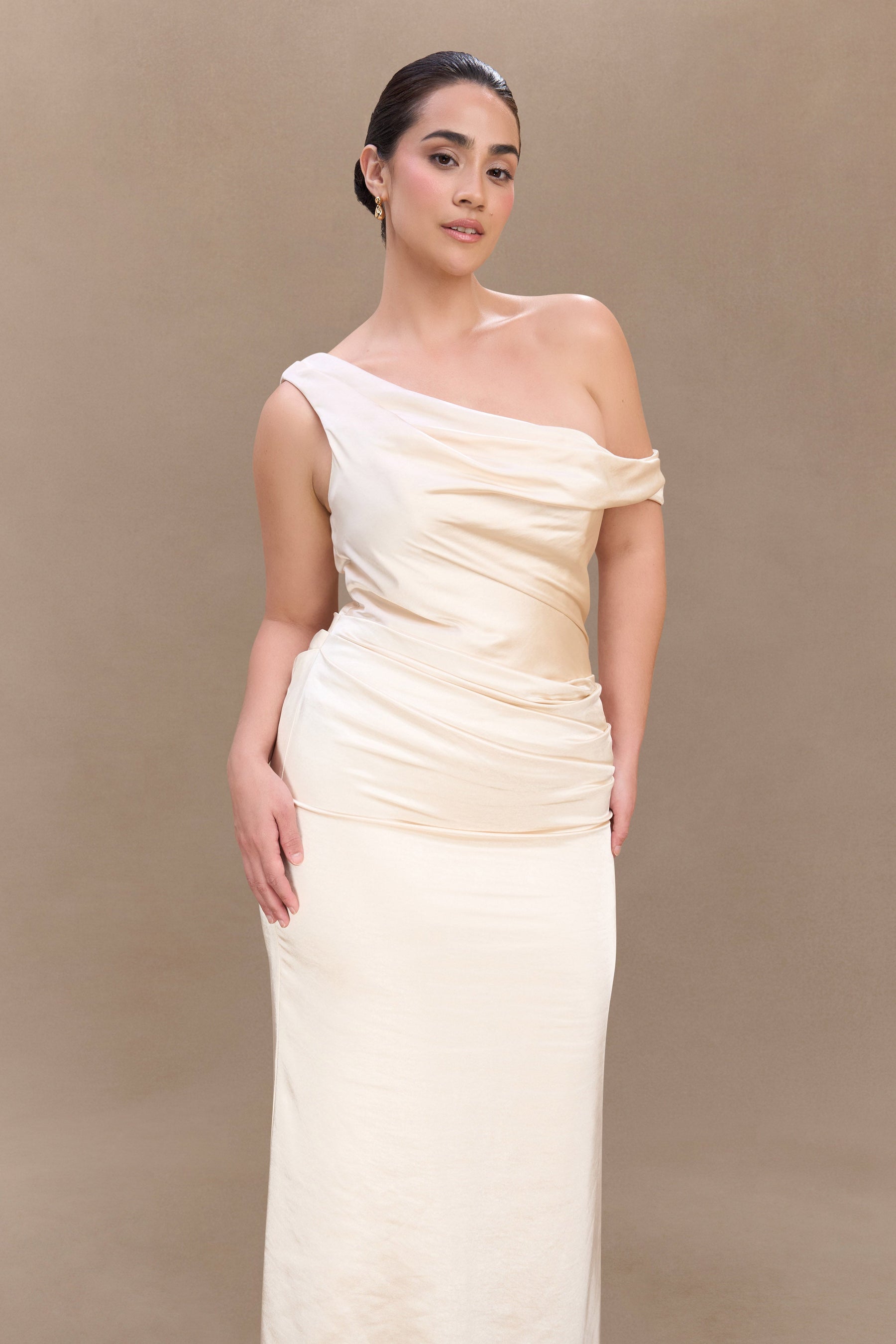 Dalia Off Shoulder Satin Maxi Dress - Blush Gold