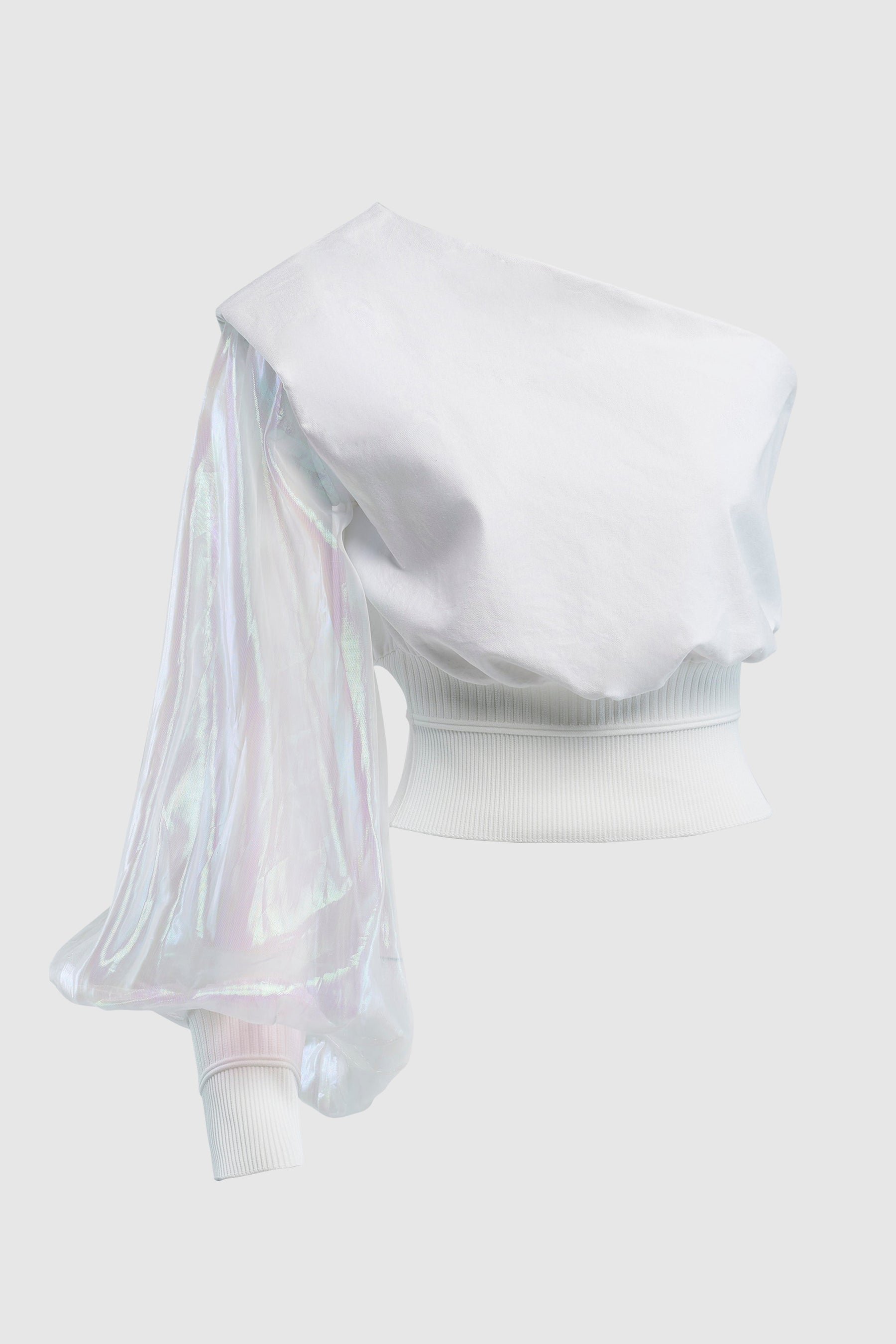 ONE SHOULDER TOP WITH IRIDESCENT SLEEVE