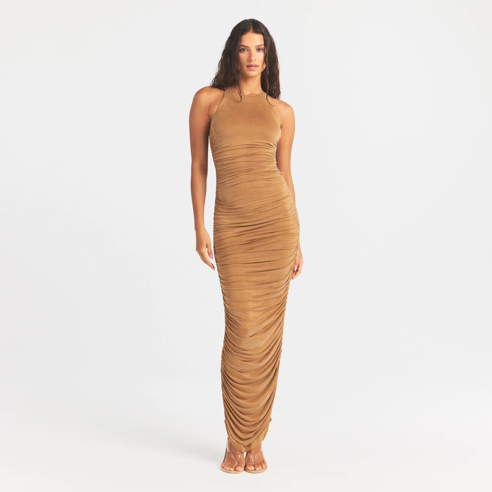 Cupro Jersey Ruched Long Dress