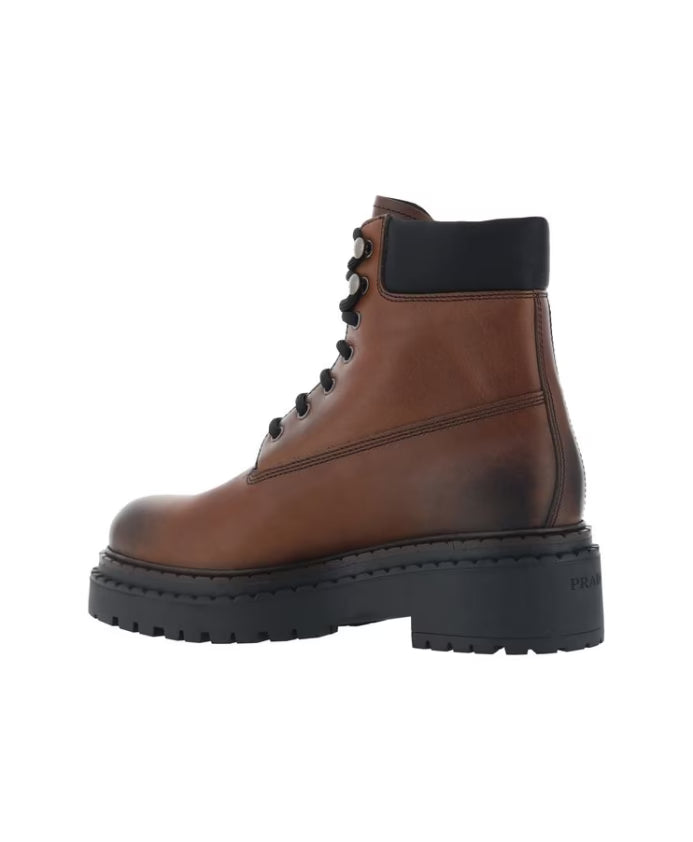 Prada Leather Ankle Boots Lace-Up Round Toe