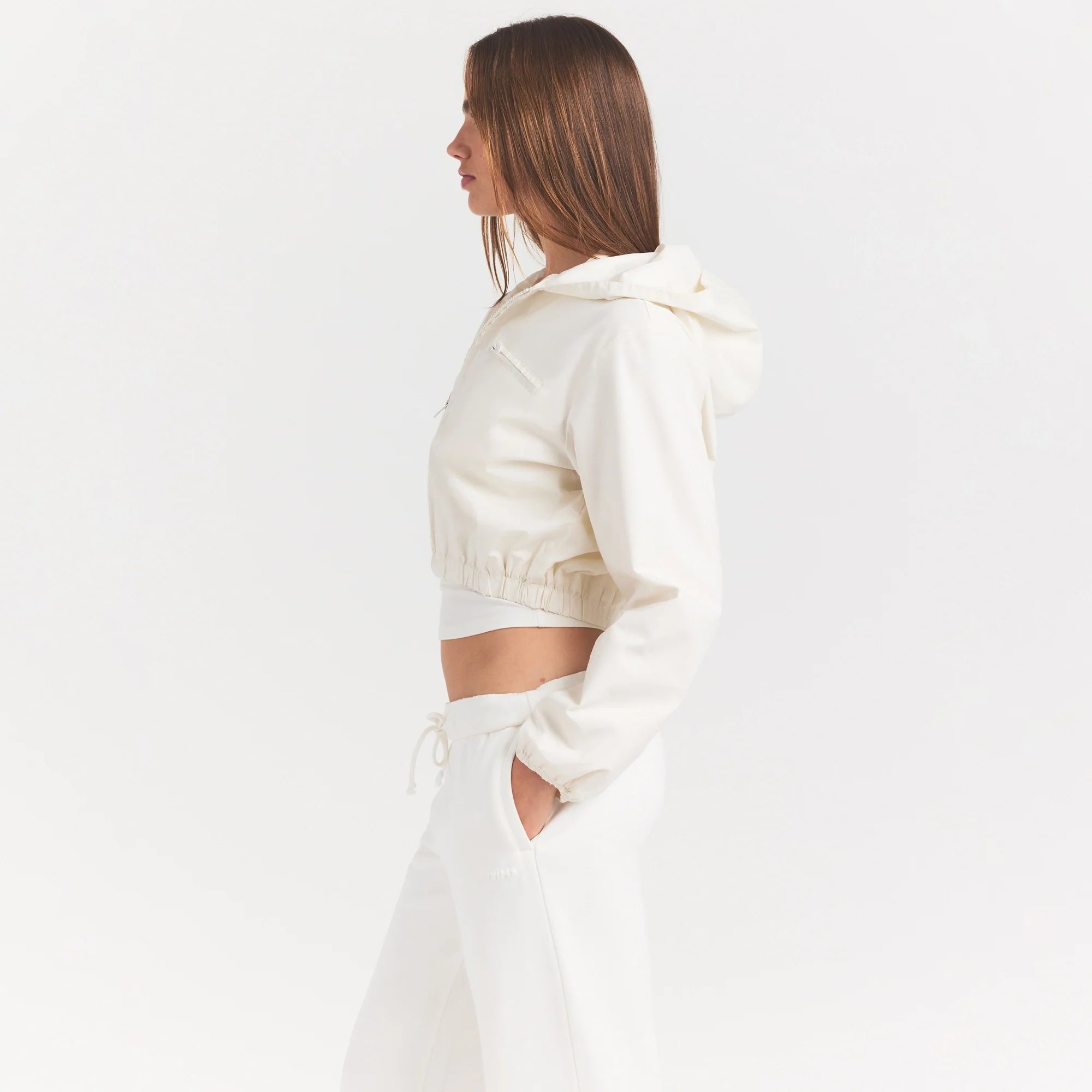 Woven Cotton Cropped Zip Up Jacket